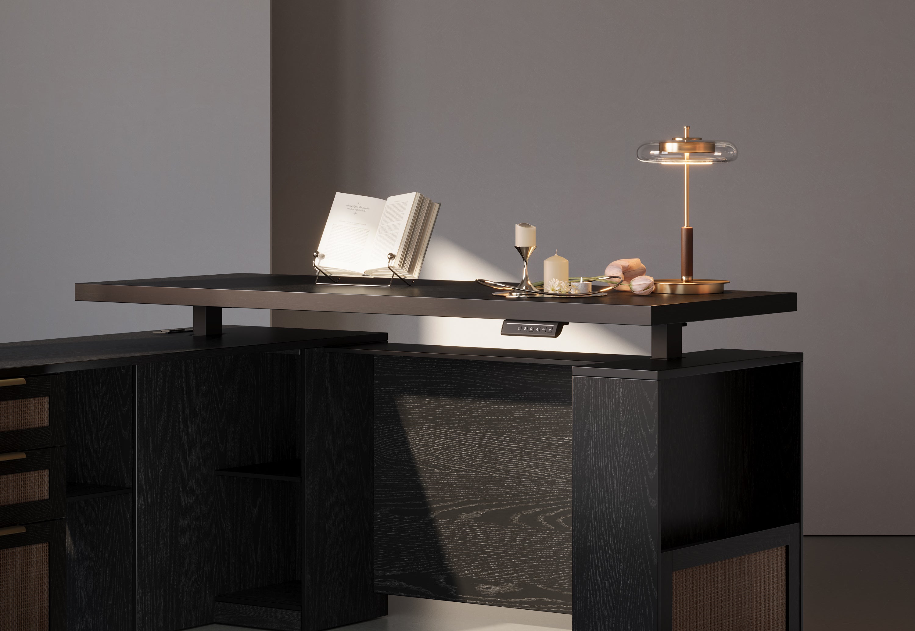 63" Desk + 60" Wide Bookshelf / Rattan - Black