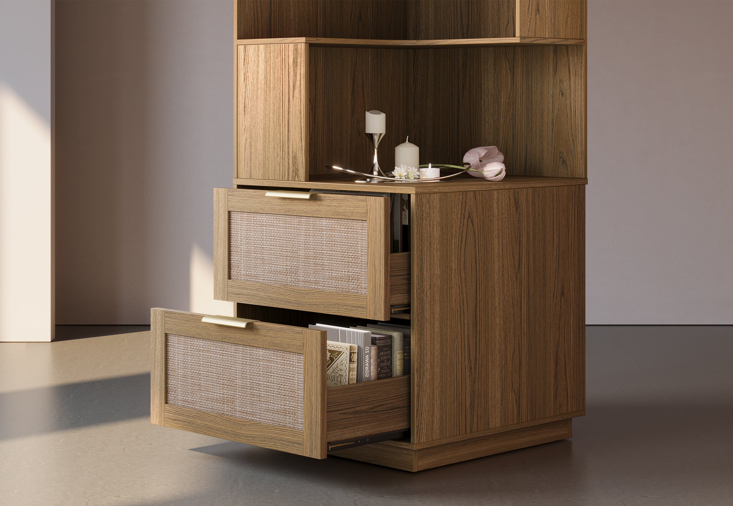 67" Desk + 71" Bookshelf / Rattan - Light Walnut