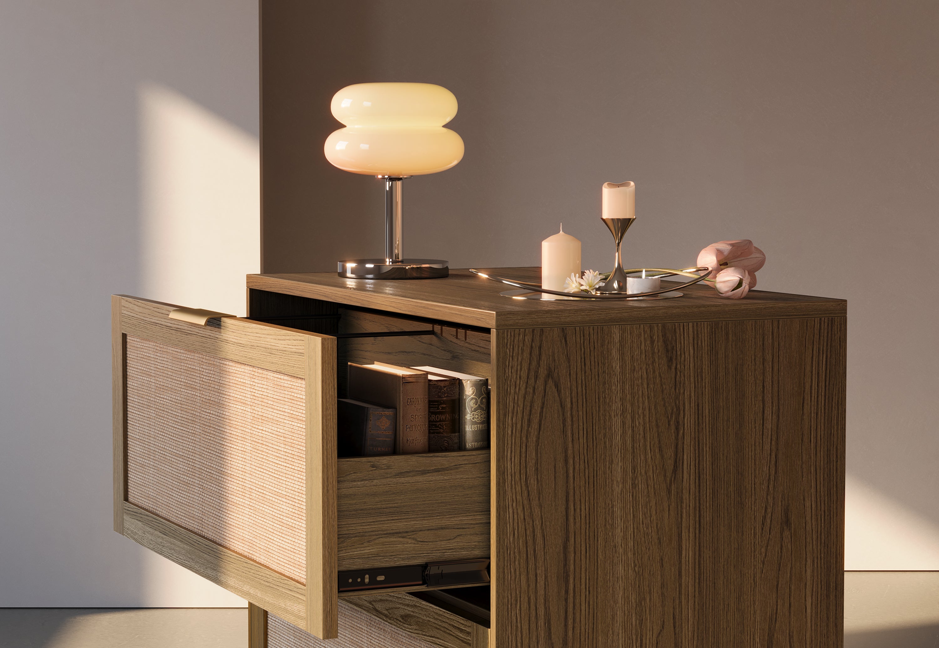 63" desk+73" Bookshelf+2 Drawers / Rattan - Light Walnut
