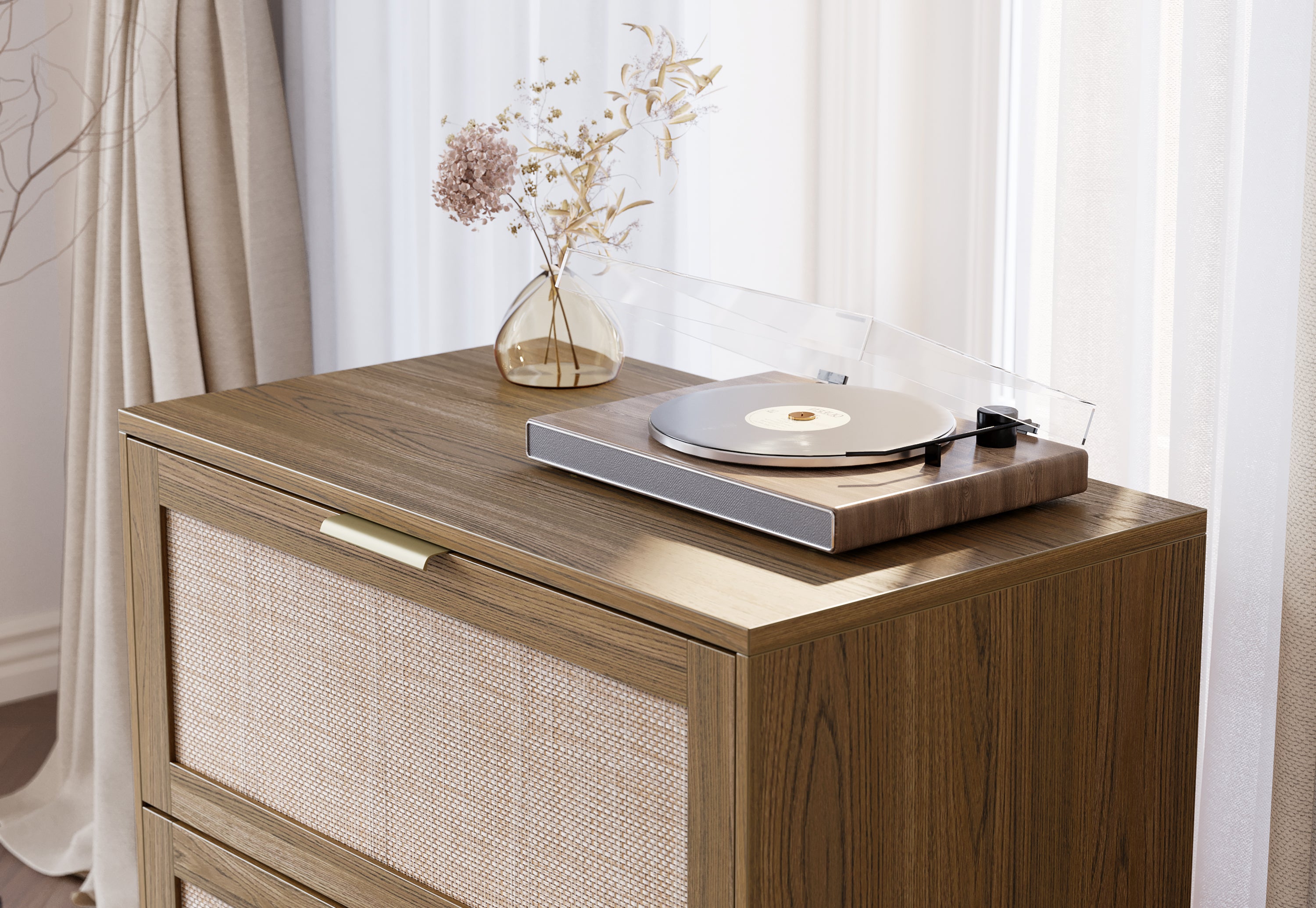 63" desk+73" Bookshelf+2 Drawers / Rattan - Light Walnut