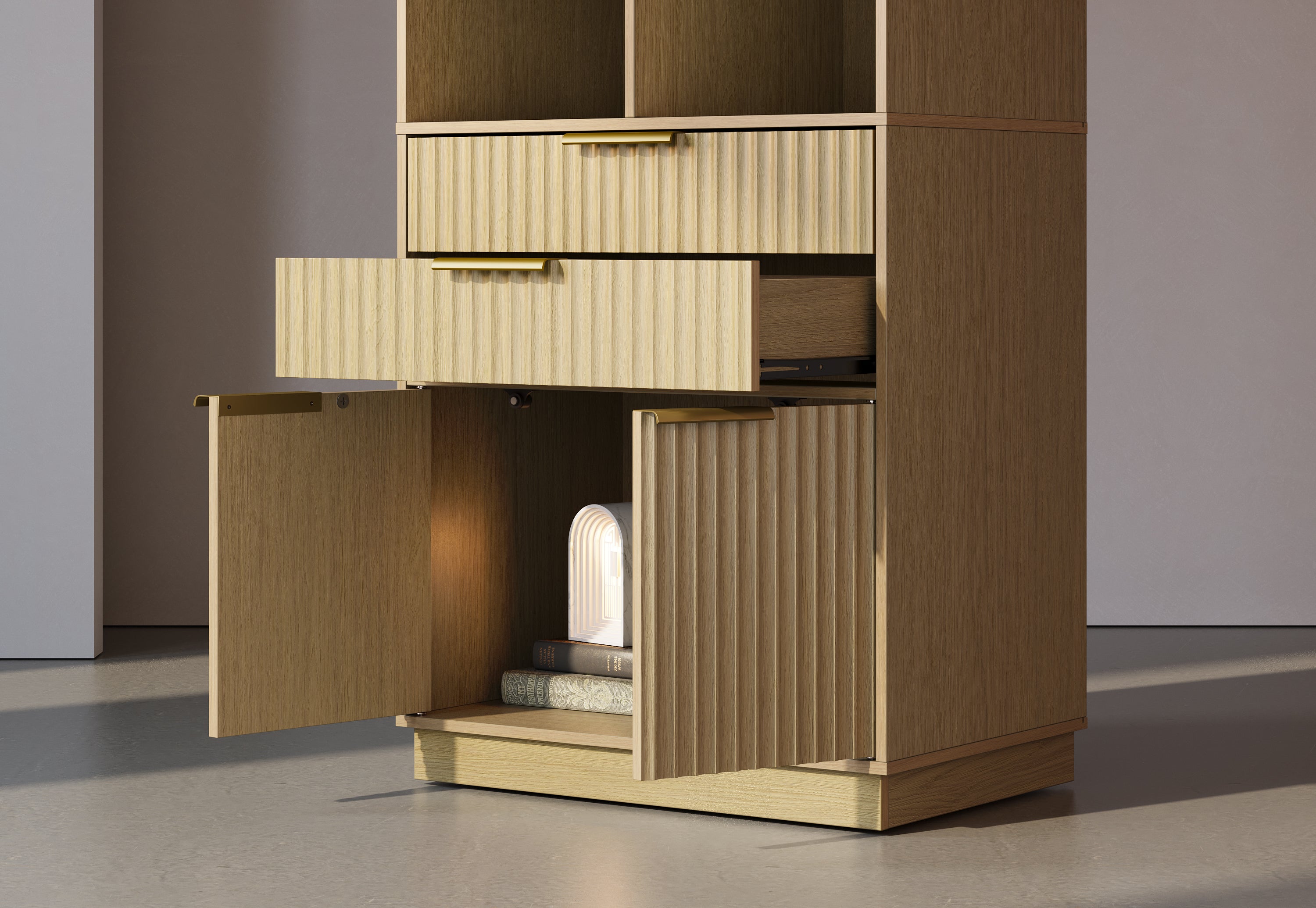 63" desk+73" Bookshelf+2 Drawers / Fluted - Natural Oak