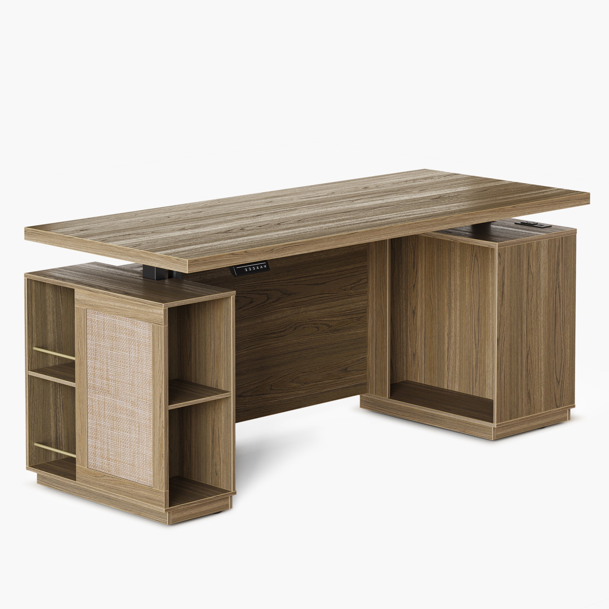70" Desk · Straight + 2-Drawer File Cabinet / Rattan - Light Walnut