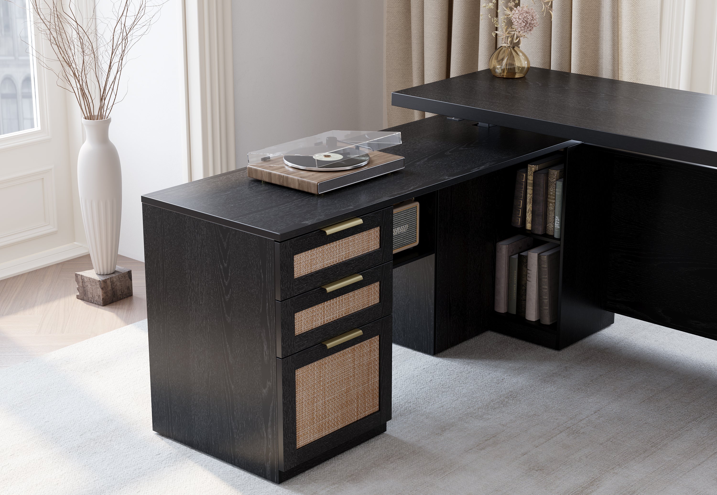63" Desk + 6 Tier Corner Bookshelf / Rattan - Black