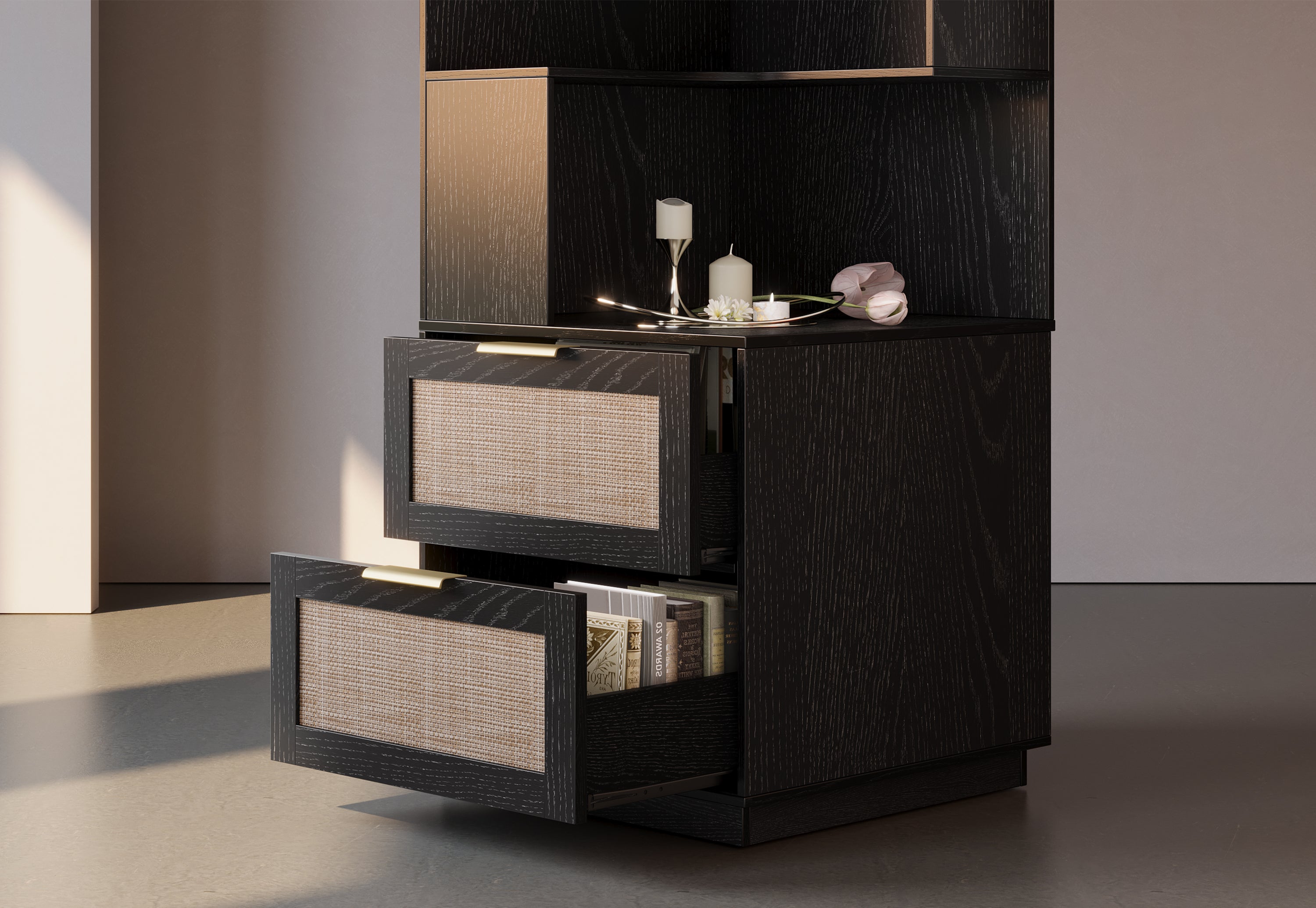 63" Desk + 6 Tier Corner Bookshelf / Rattan - Black