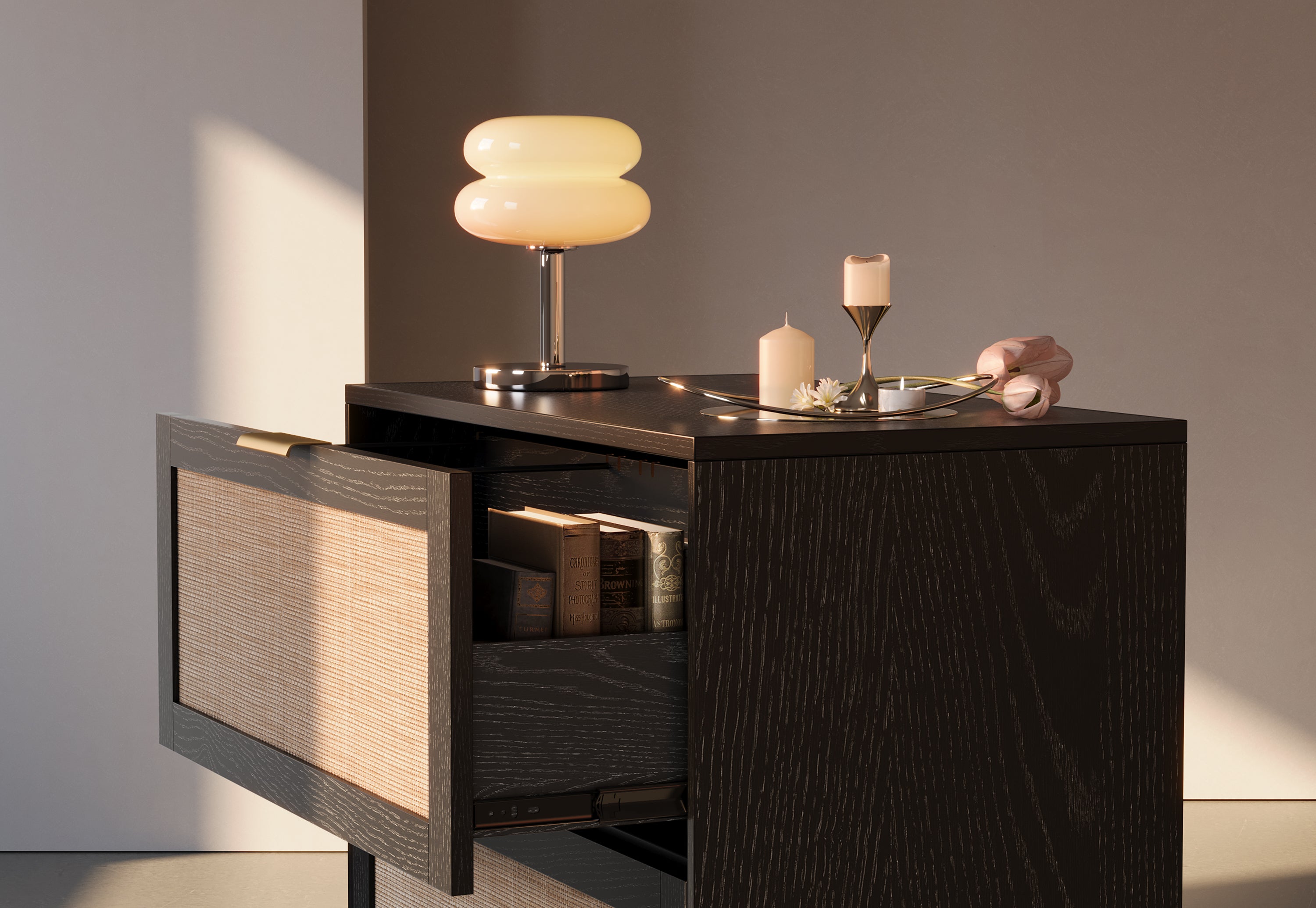 67" desk+73" Bookshelf+2 Drawers / Rattan - Black