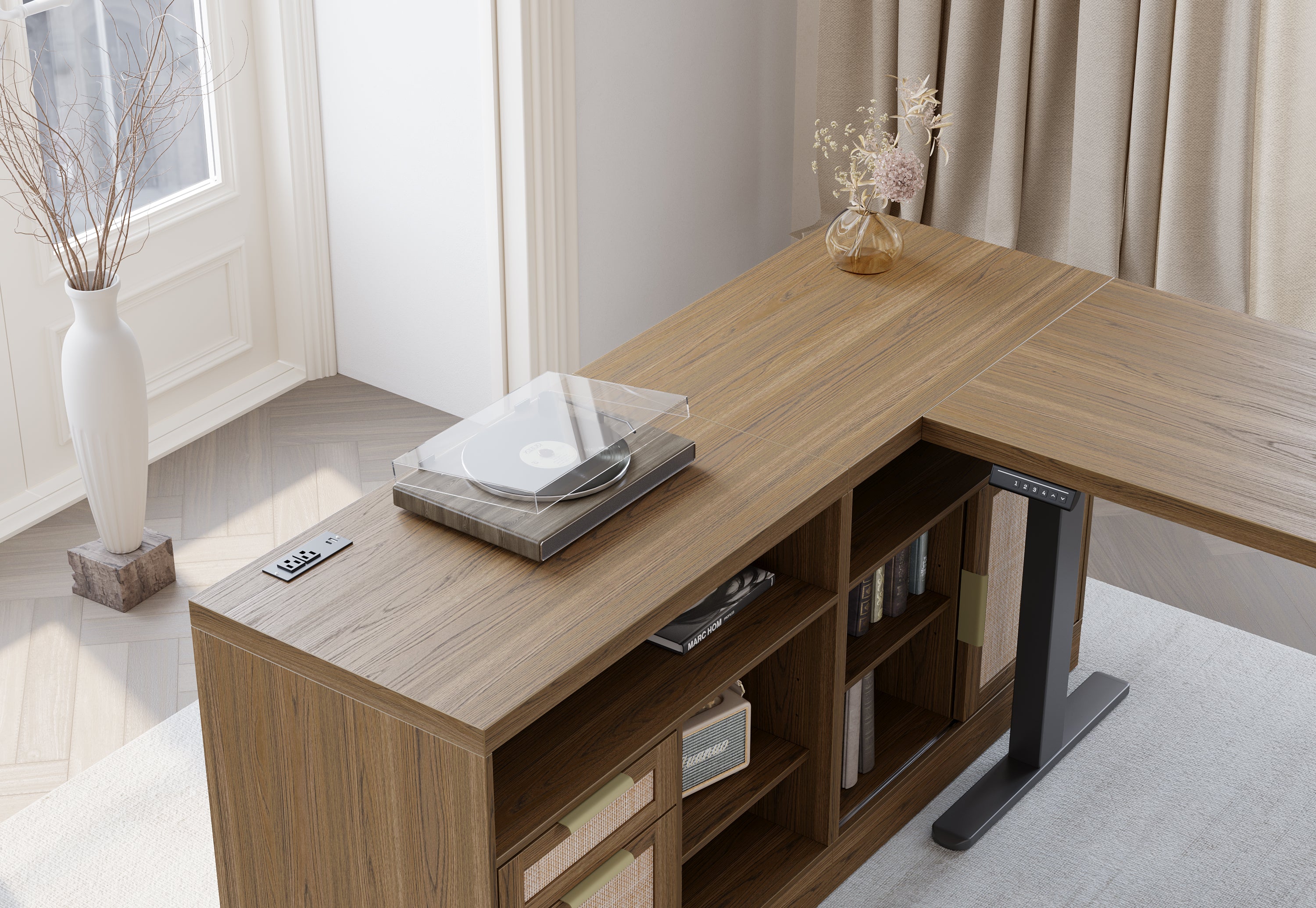 67" desk+73" Bookshelf+2 Drawers / Rattan - Light Walnut