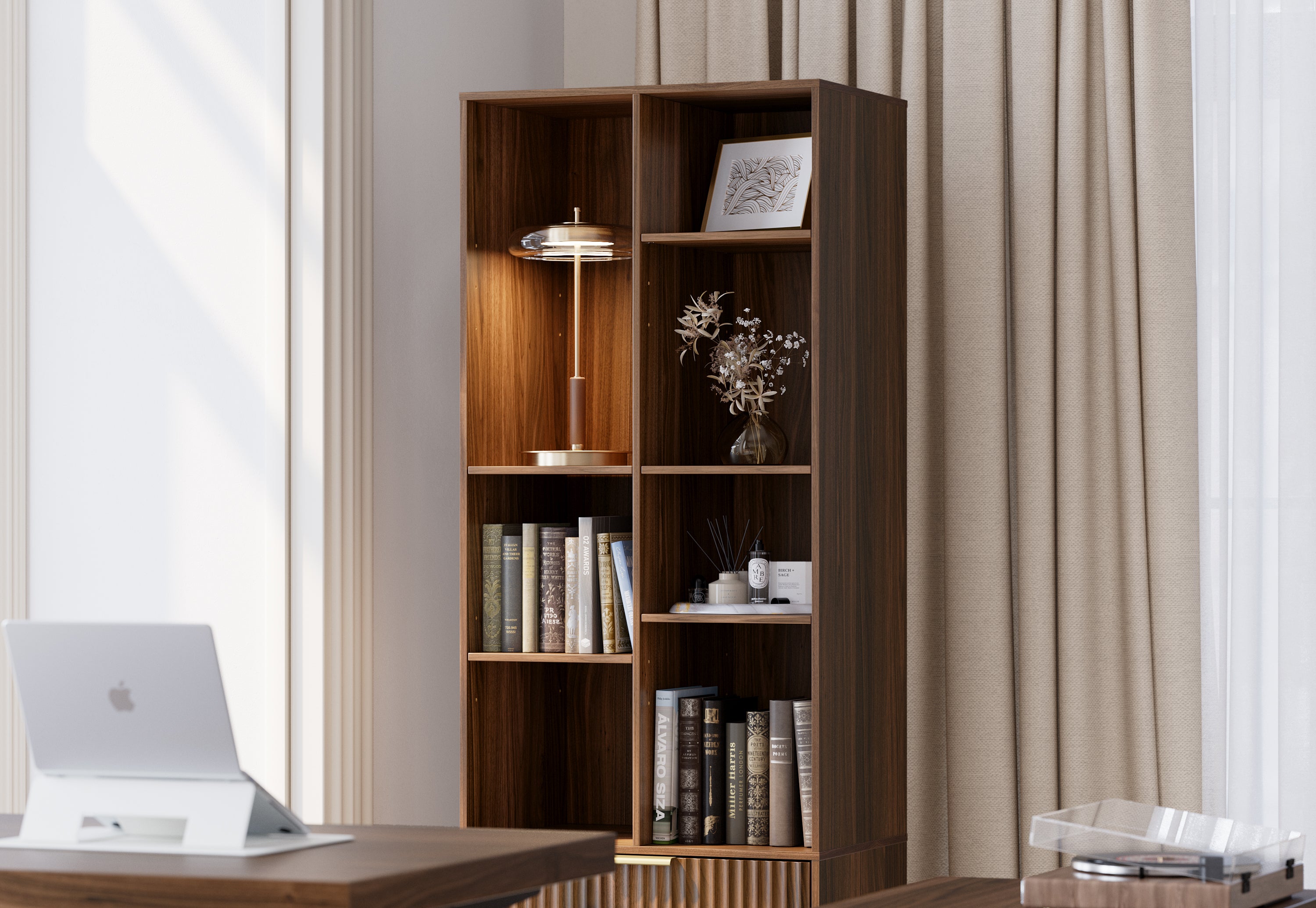 63" Desk + 73" Tall Fluted Bookshelf / Fluted - Dark Walnut