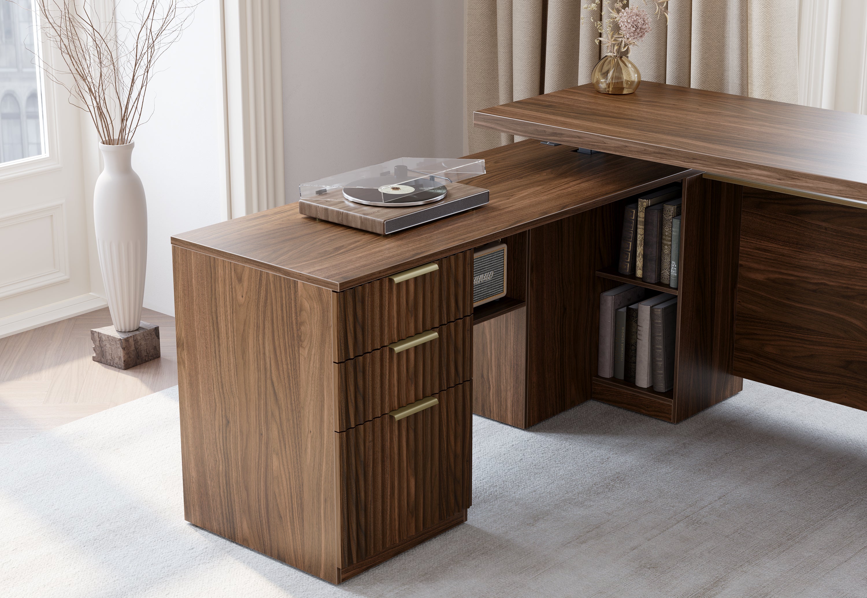 63" Desk + 6 Tier Corner Bookshelf / Fluted - Dark Walnut