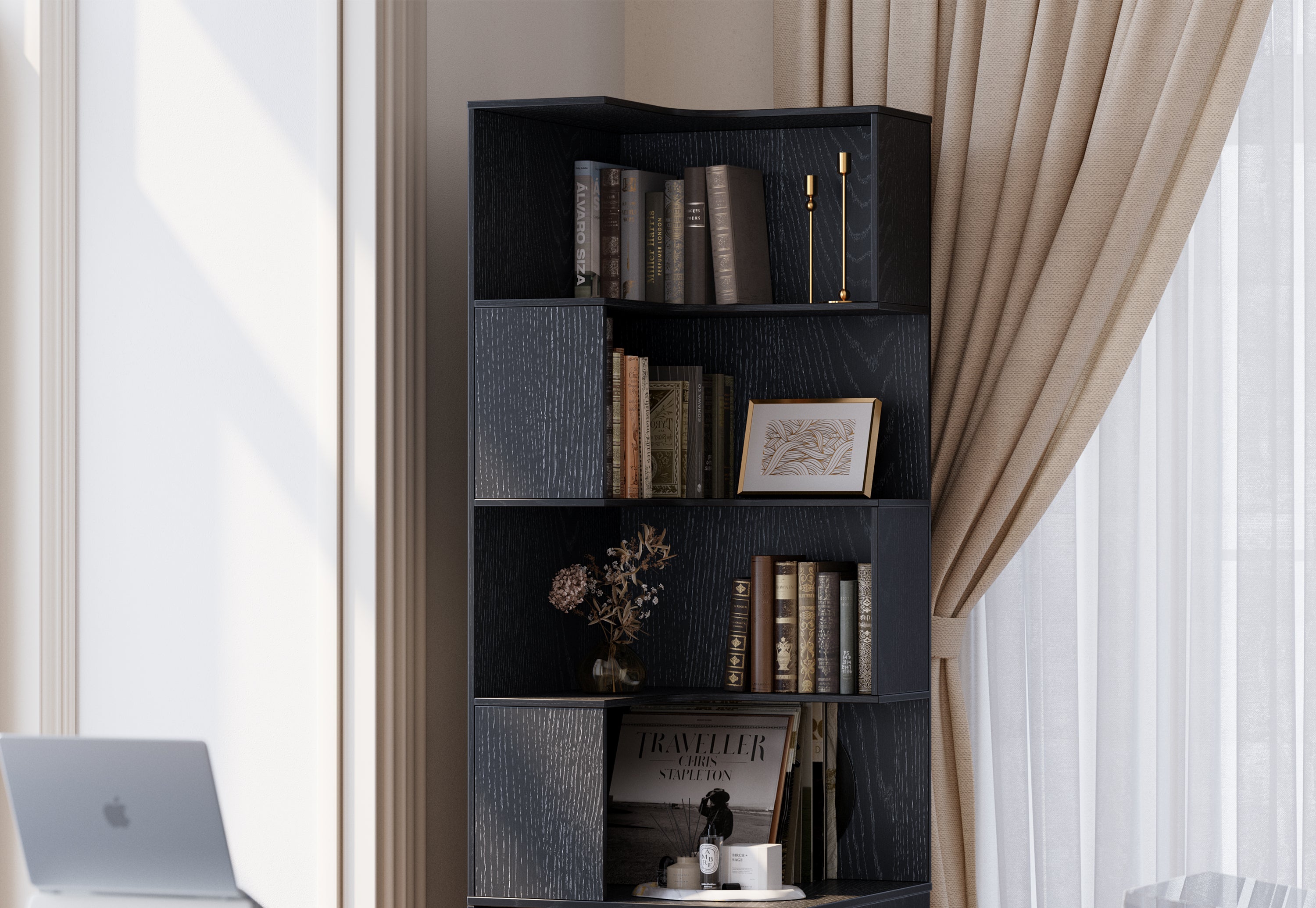 63" Desk + 6 Tier Corner Bookshelf / Rattan - Black