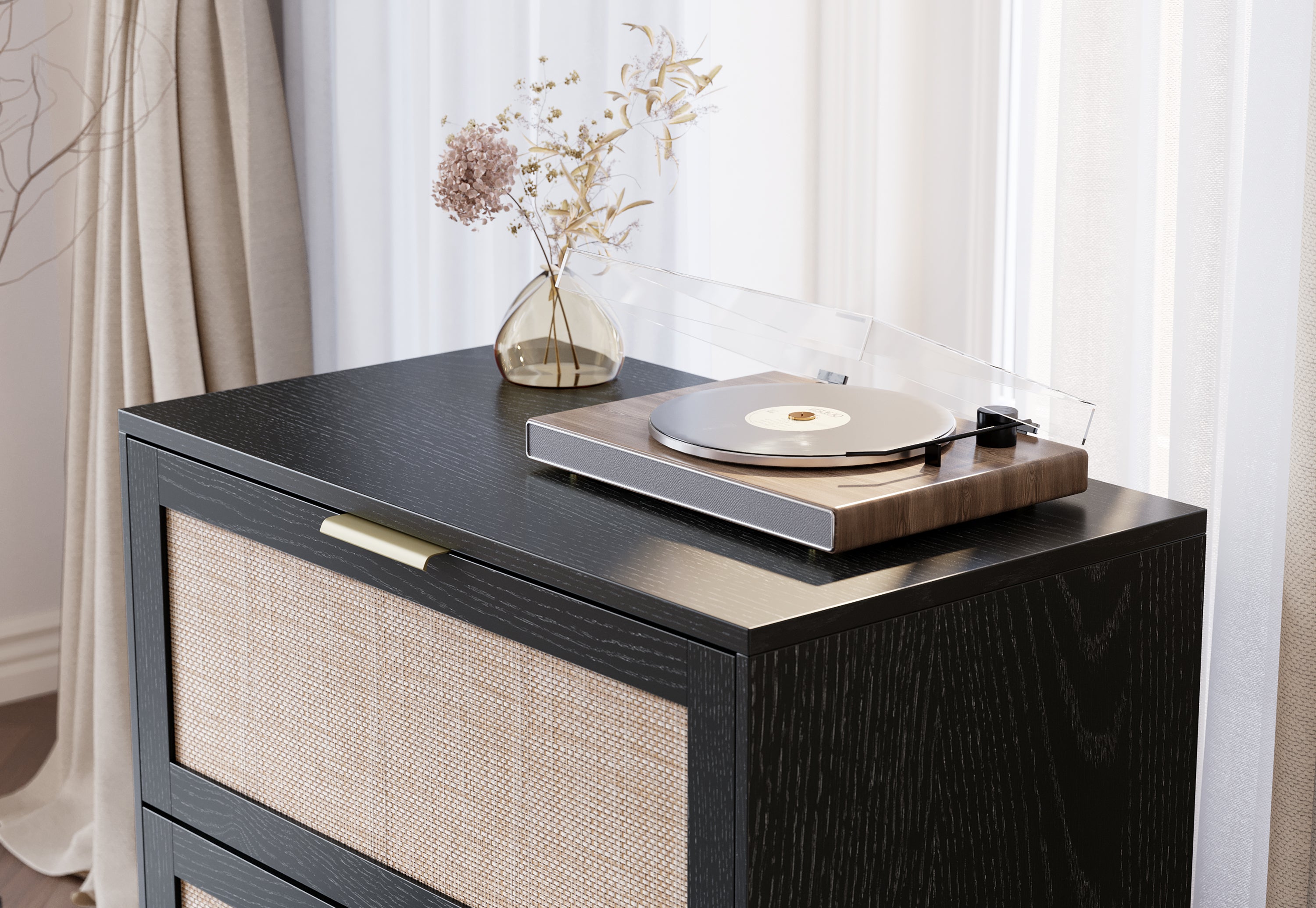 63" desk+73" Bookshelf+2 Drawers / Rattan - Black