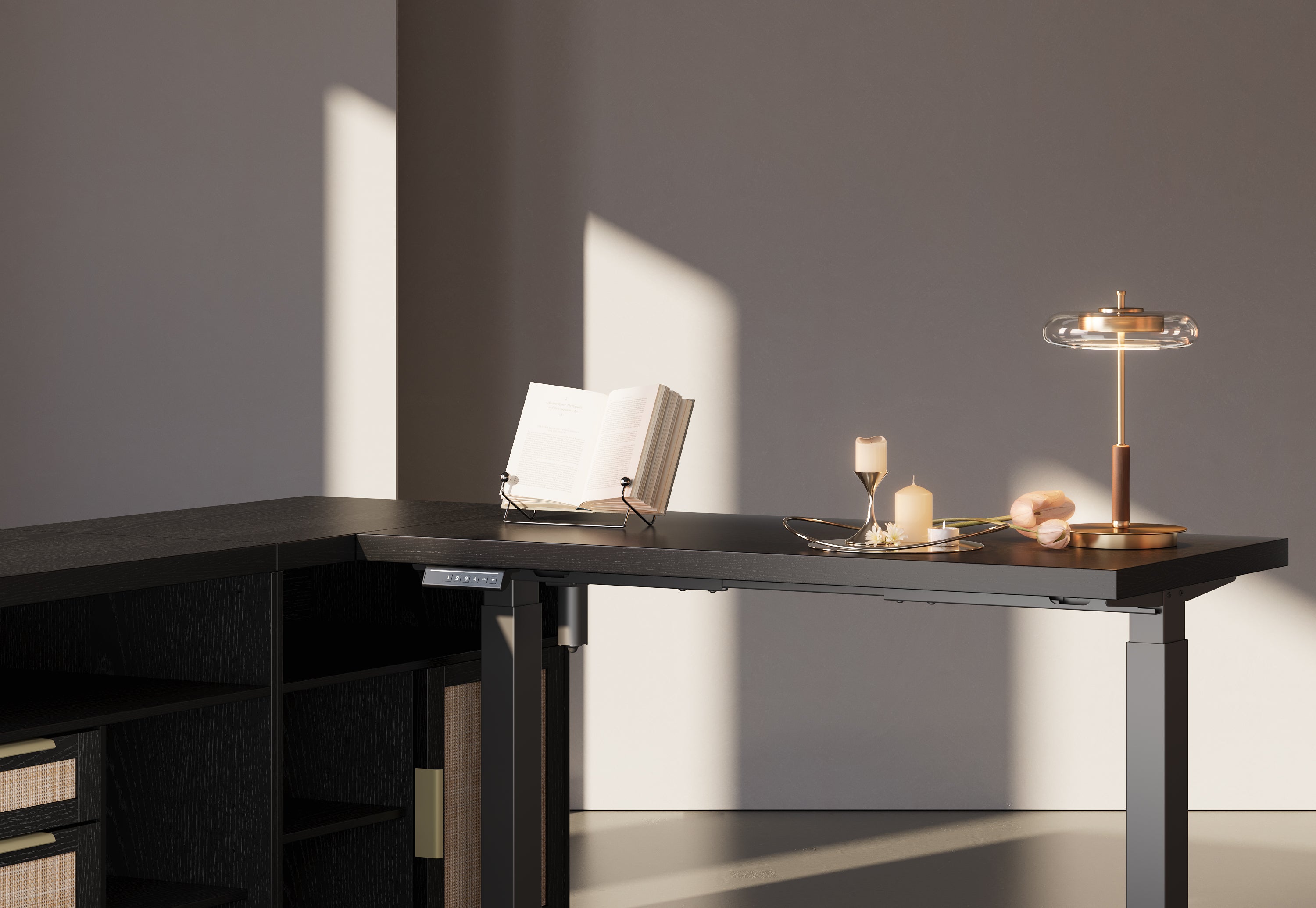 67" Desk+73" Bookshelf / Rattan - Black