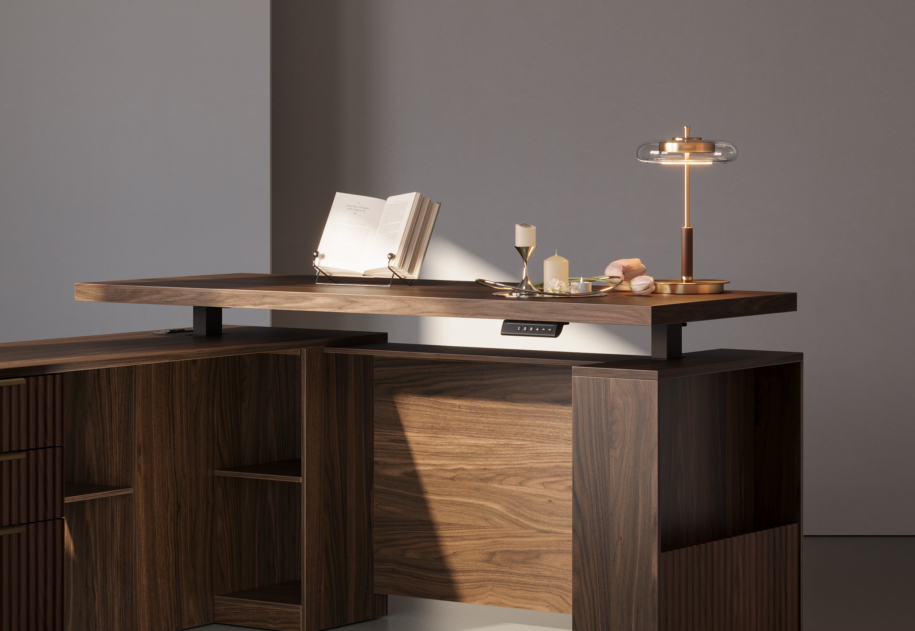 63" Desk + 73" Tall Fluted Bookshelf / Fluted - Dark Walnut