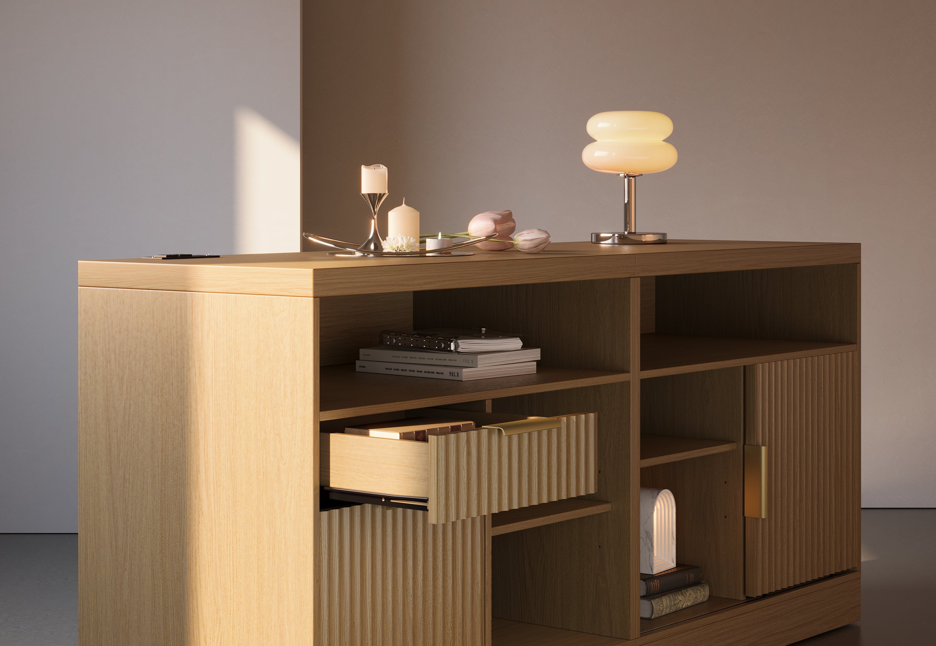 67" desk+73" Bookshelf+2 Drawers / Fluted - Natural Oak