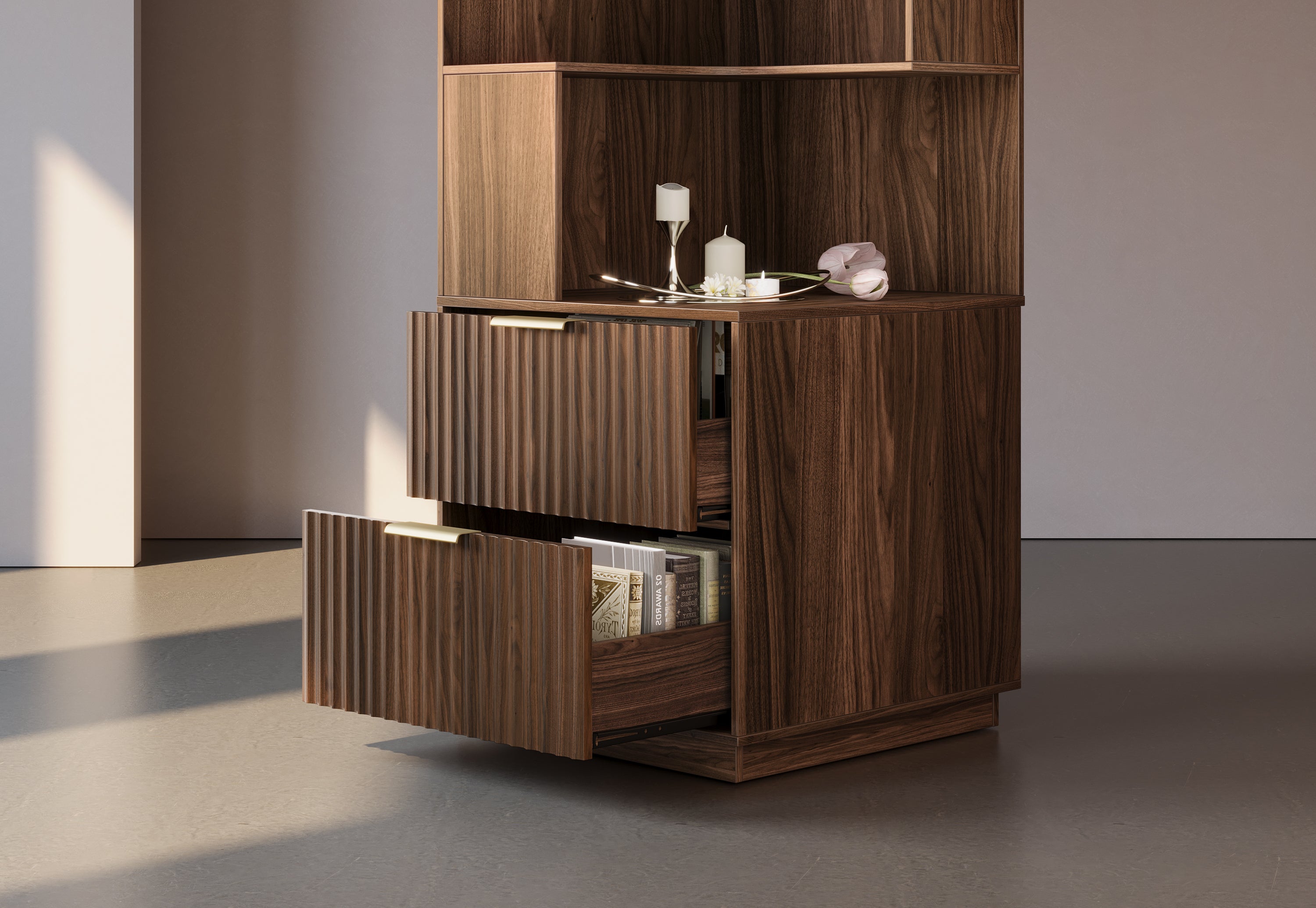 67" Desk + 71" Bookshelf / Fluted - Dark Walnut