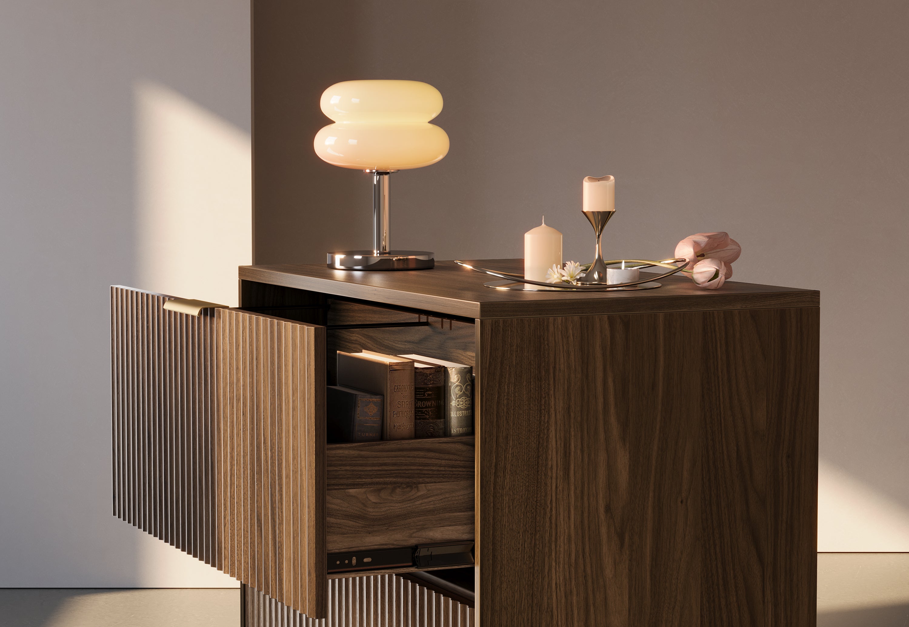 67" desk+73" Bookshelf+2 Drawers / Fluted - Dark Walnut