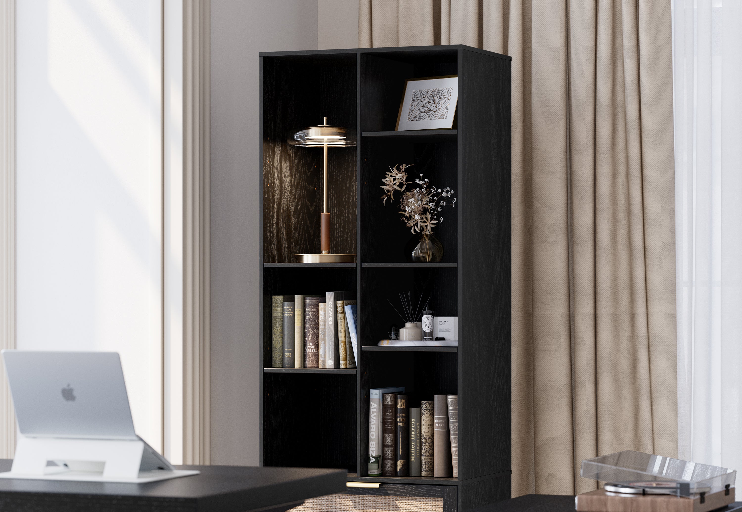 63" Desk + 73" Tall Fluted Bookshelf / Rattan - Black