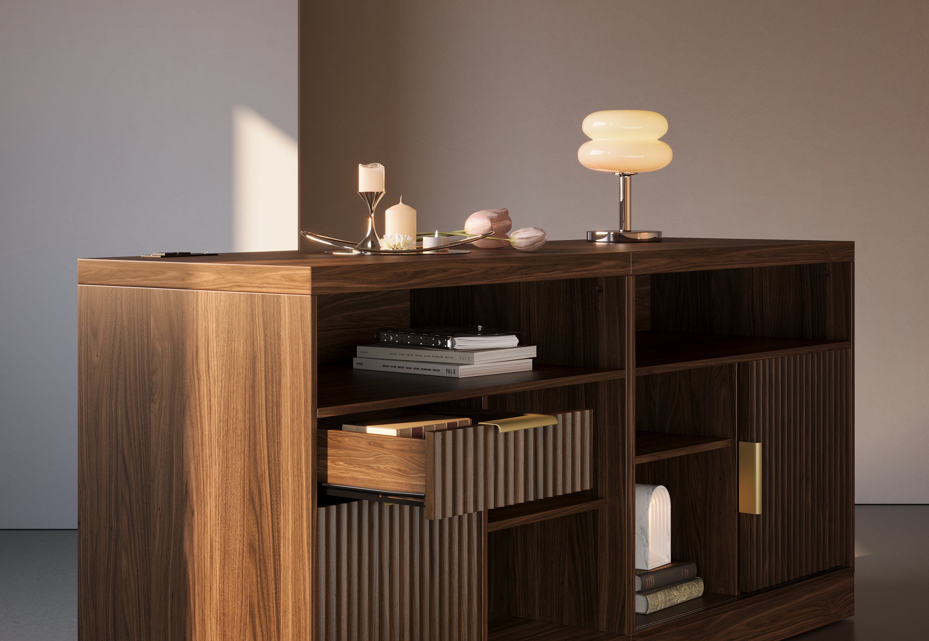 67" desk+73" Bookshelf+2 Drawers / Fluted - Dark Walnut