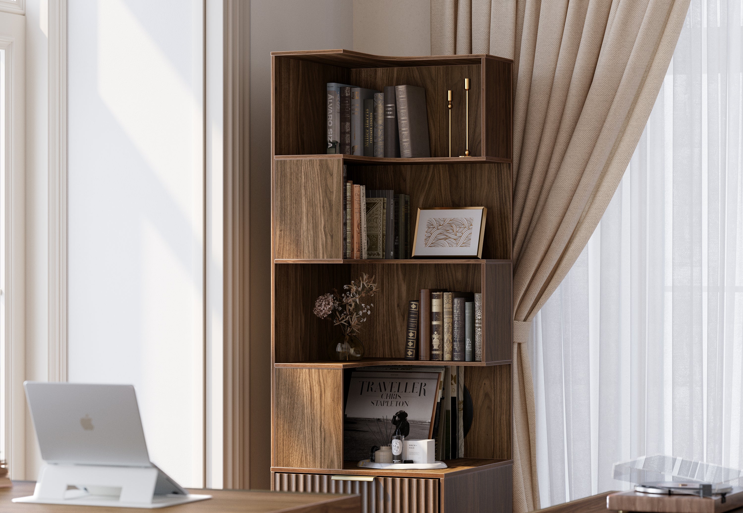 67" Desk + 71" Bookshelf / Fluted - Dark Walnut
