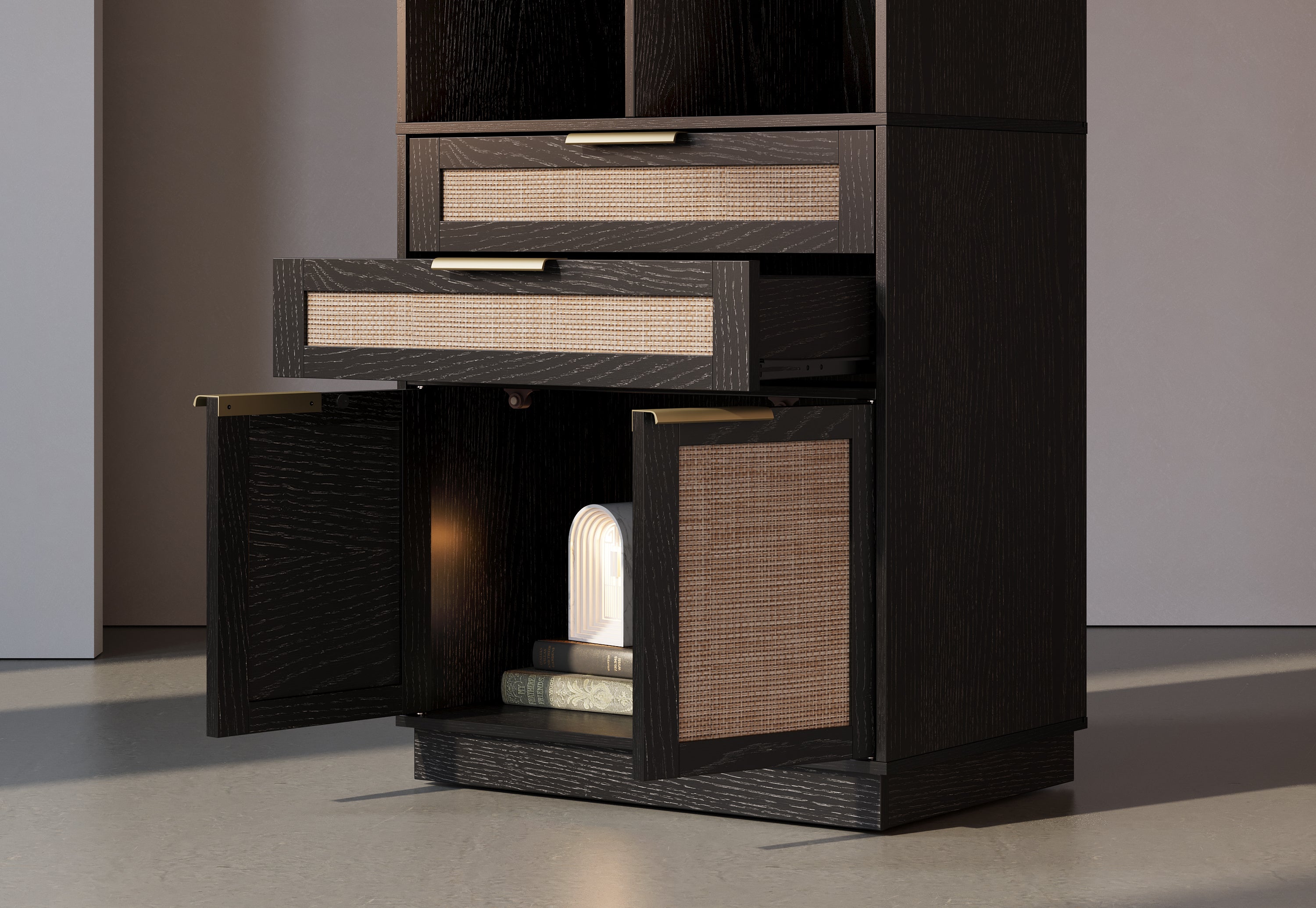63" Desk + 73" Tall Fluted Bookshelf / Rattan - Black