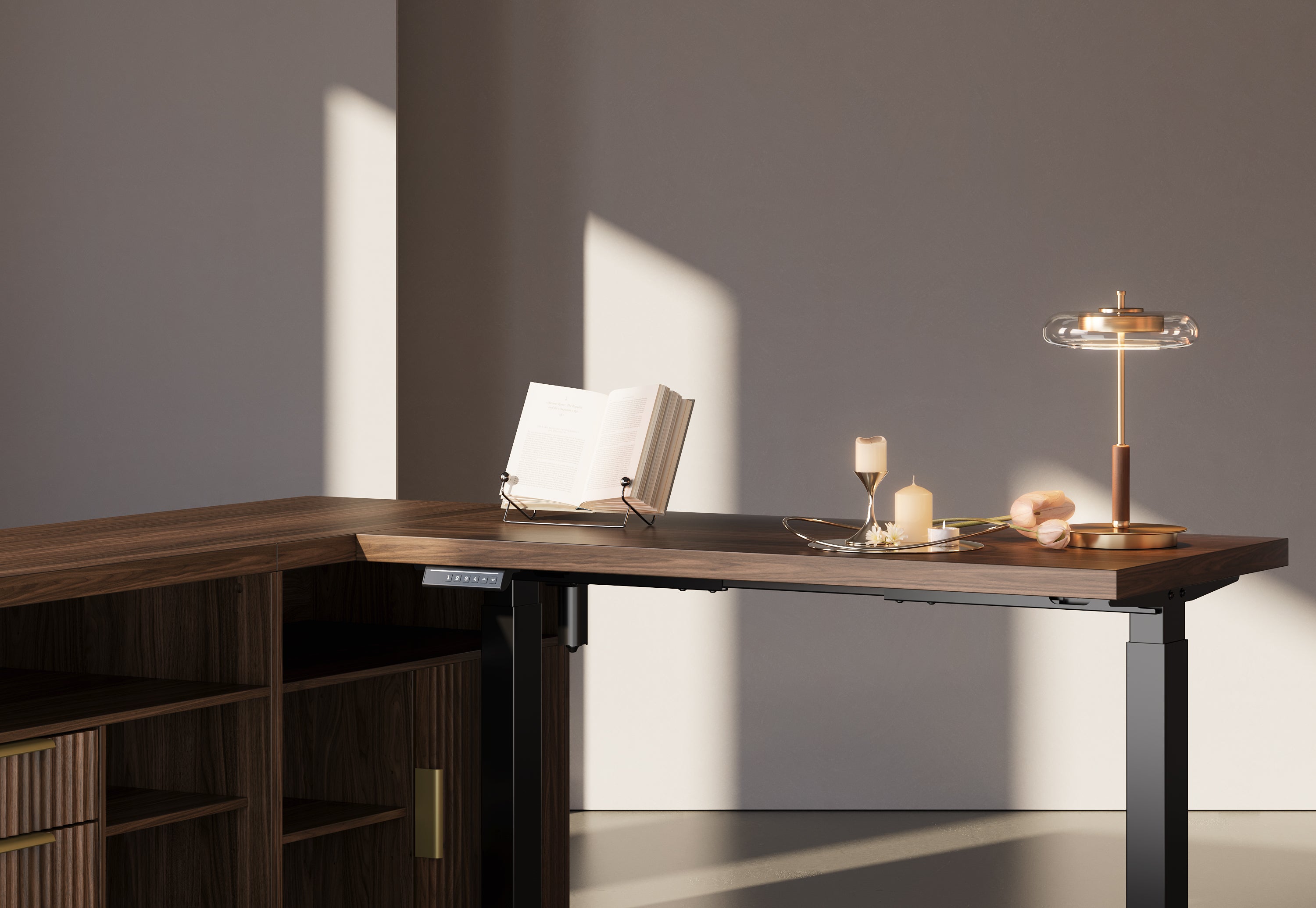67" Desk + 71" Bookshelf / Fluted - Dark Walnut