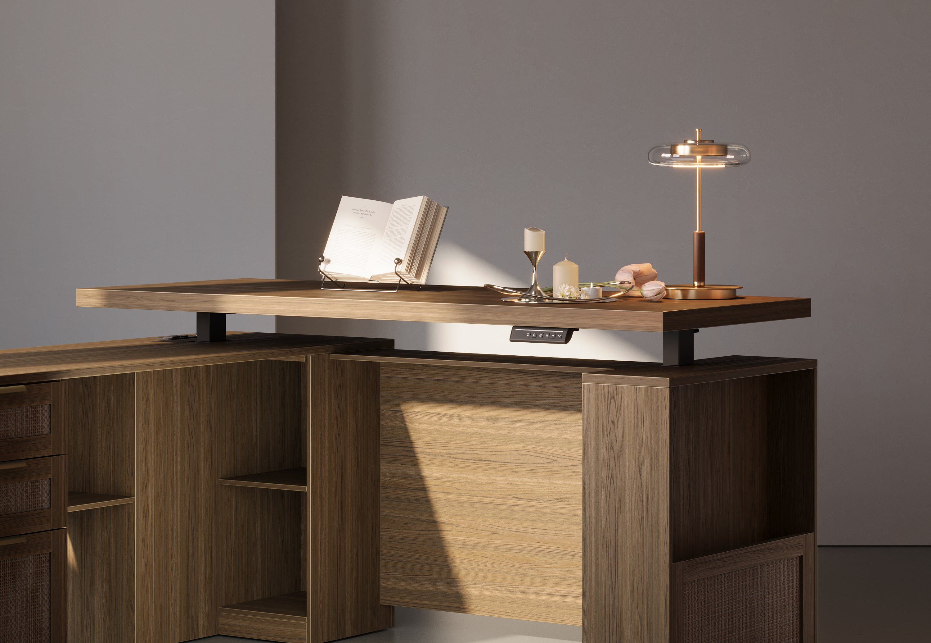 63" Desk + 73" Tall Fluted Bookshelf / Rattan - Light Walnut
