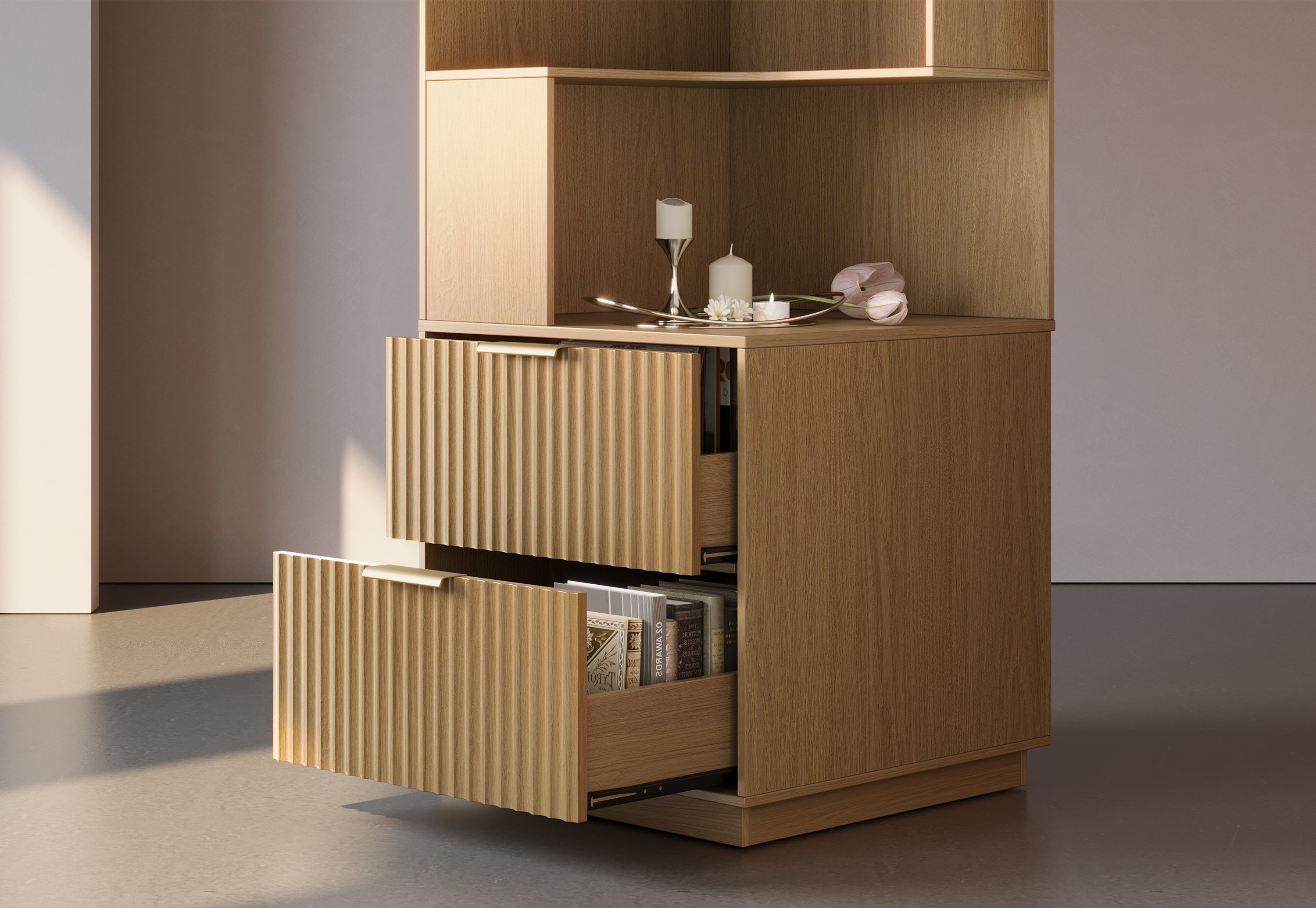 67" Desk + 71" Bookshelf / Fluted - Natural Oak