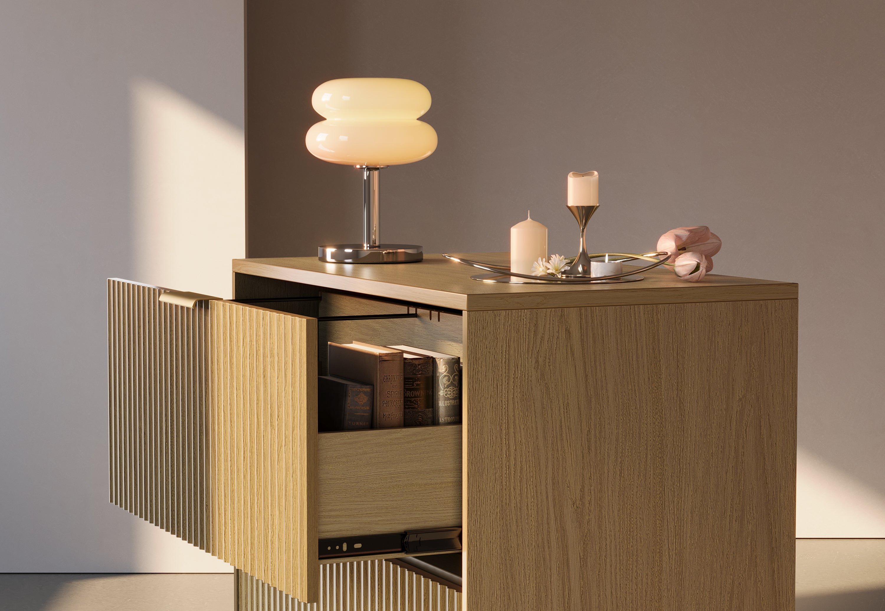 63" desk+73" Bookshelf+2 Drawers / Fluted - Natural Oak