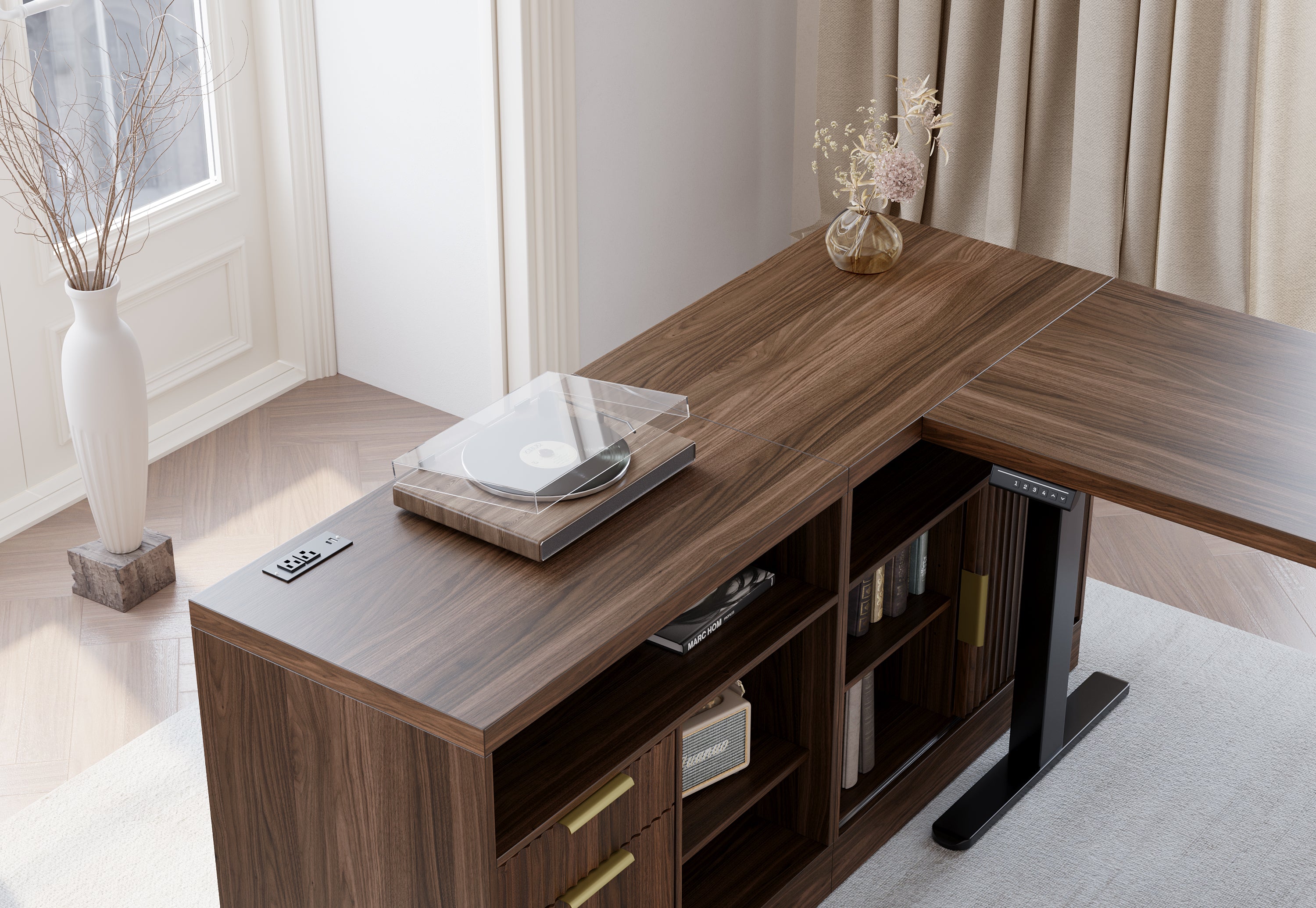 67" Desk + 71" Bookshelf / Fluted - Dark Walnut