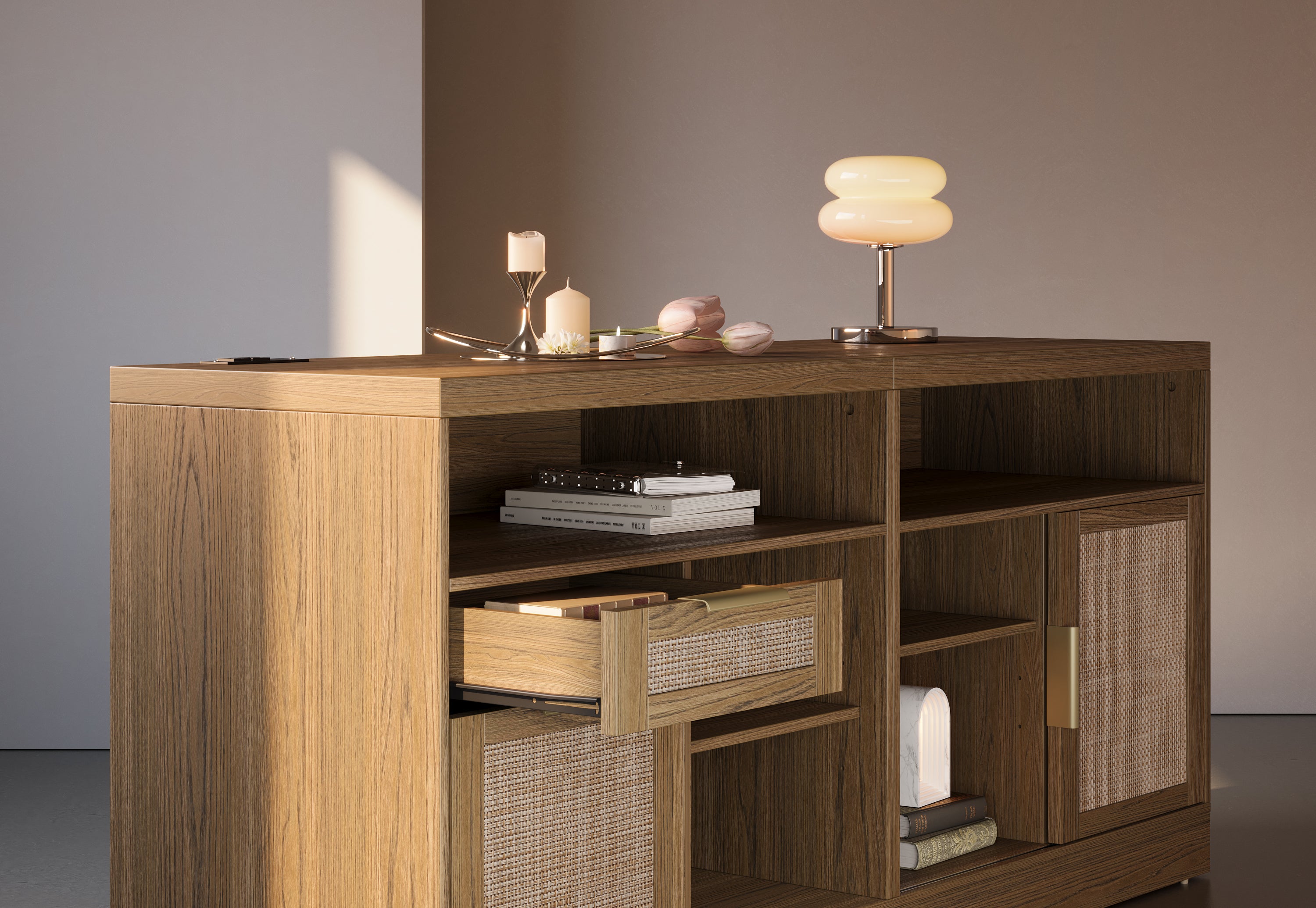 67" desk+73" Bookshelf+2 Drawers / Rattan - Light Walnut