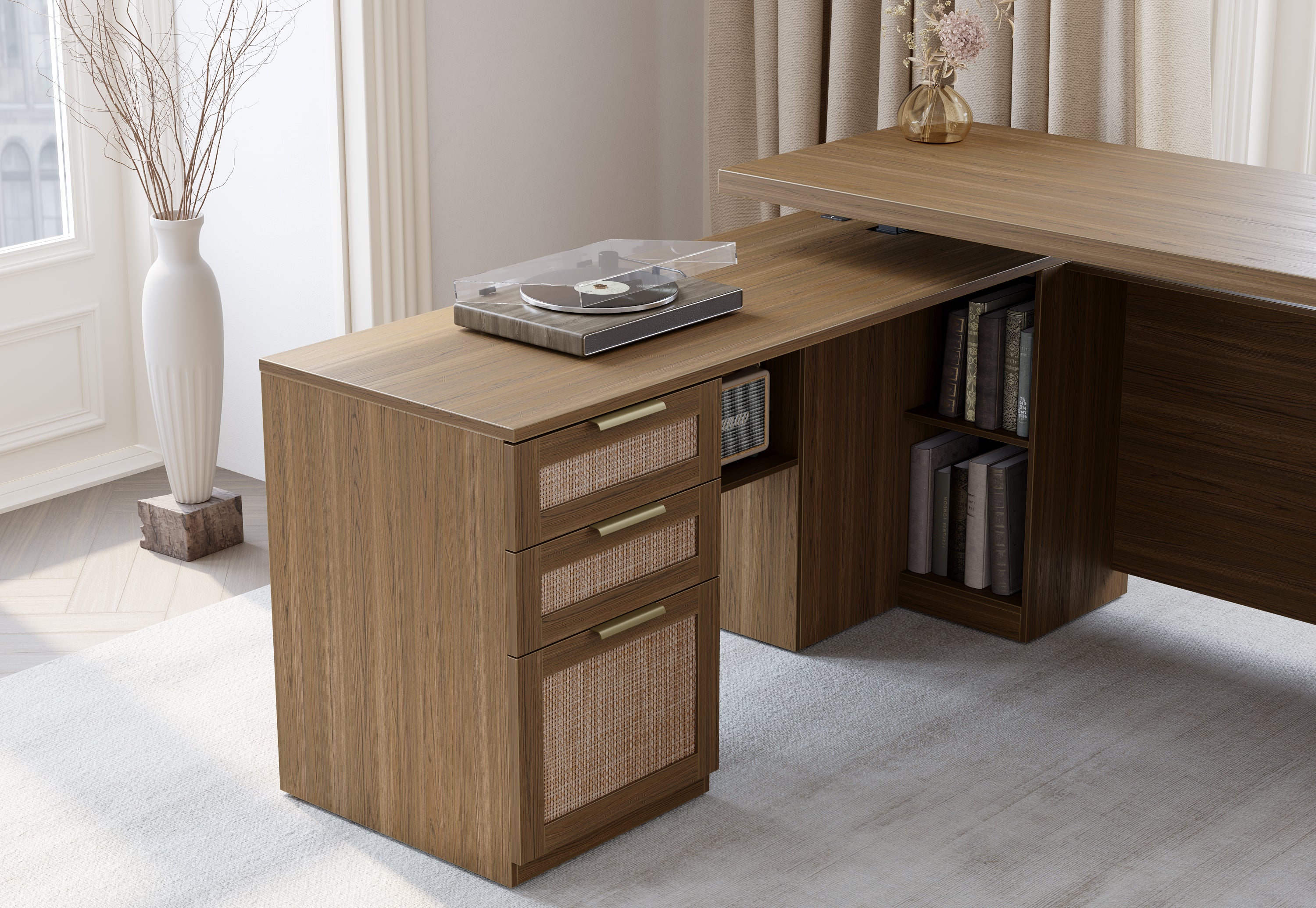 63" Desk + 73" Tall Fluted Bookshelf / Rattan - Light Walnut
