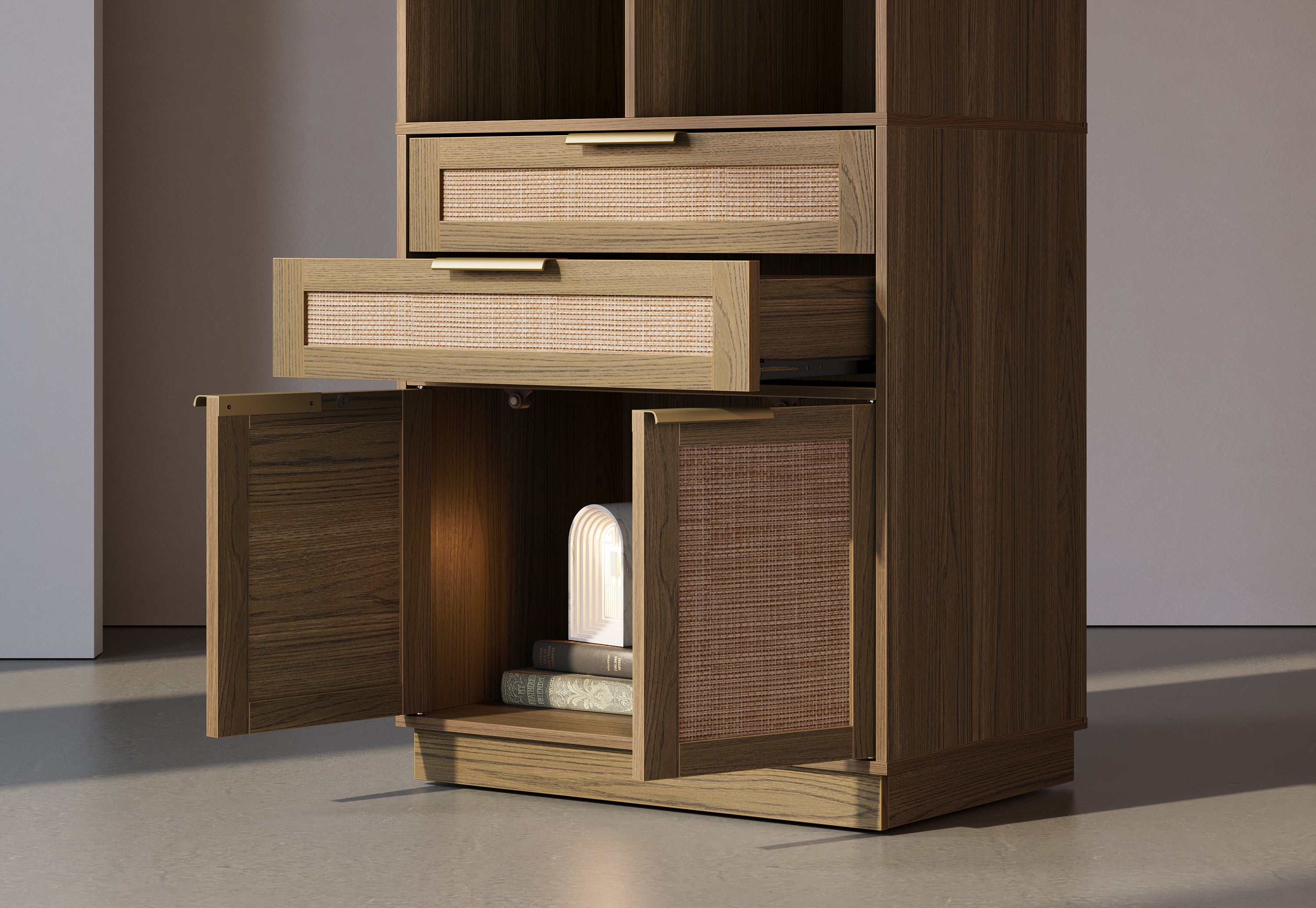 63" Desk + 73" Tall Fluted Bookshelf / Rattan - Light Walnut