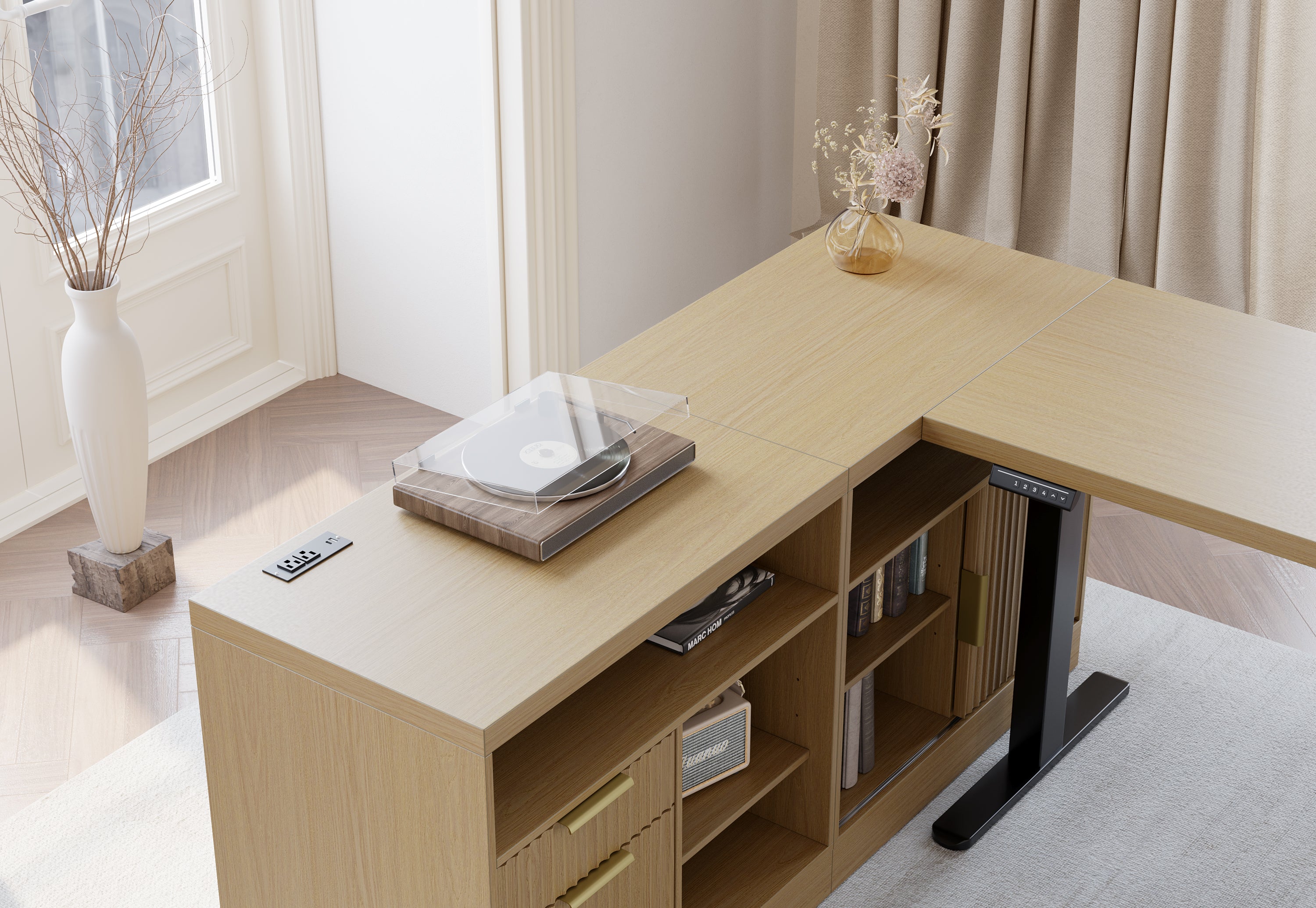 67" Desk + 60" Wide Bookshelf / Fluted - Natural Oak