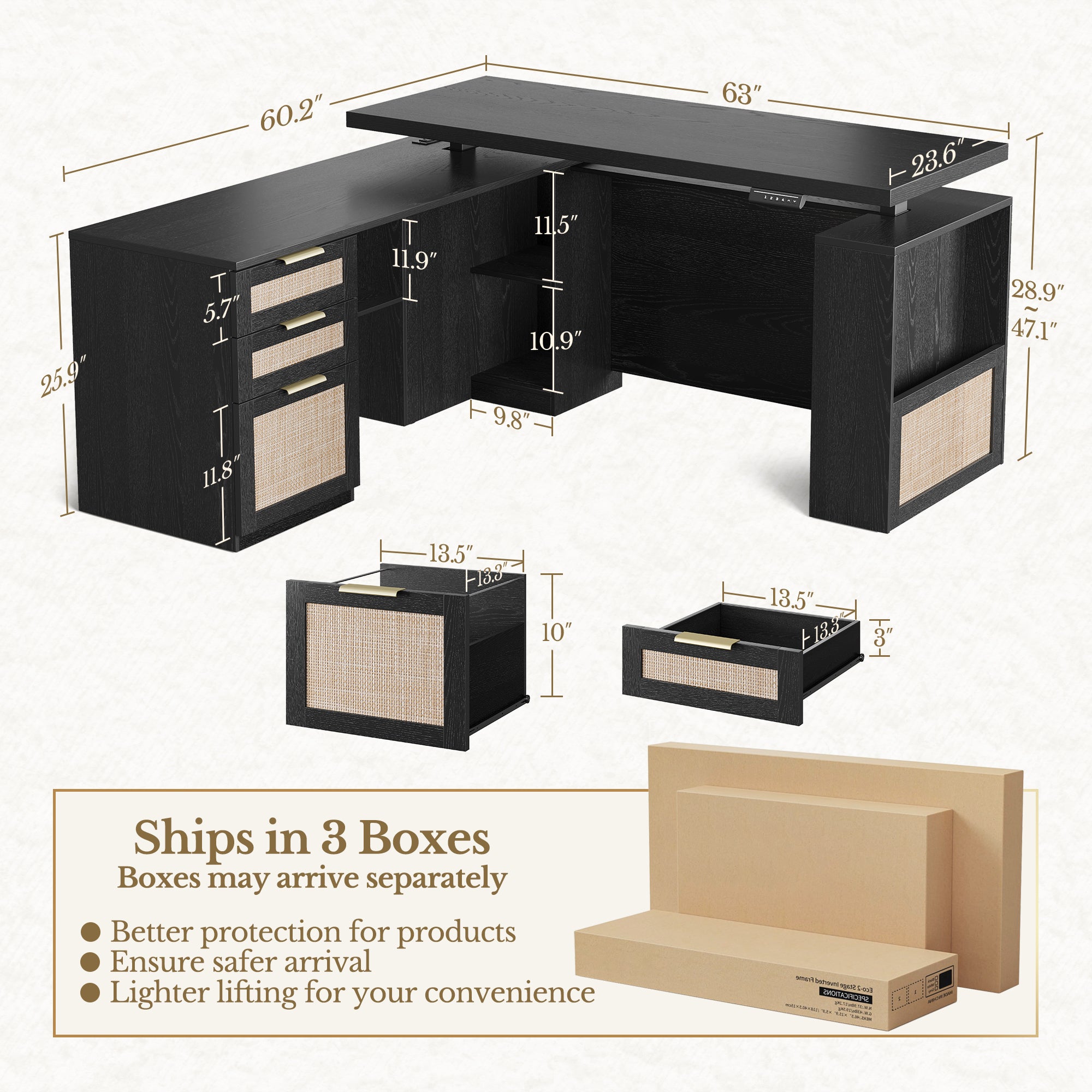 63" Desk + 73" Tall Fluted Bookshelf / Rattan - Black