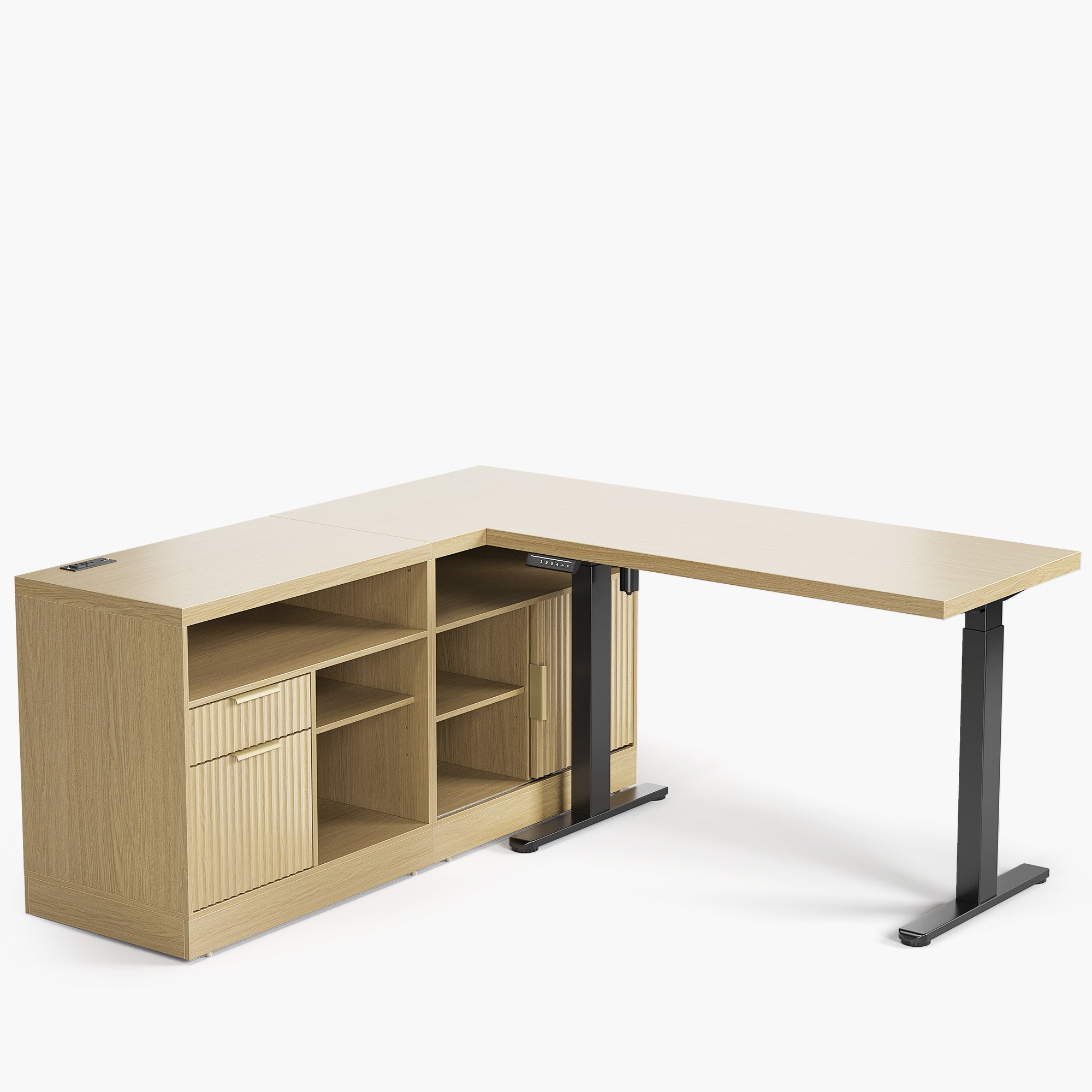 67" Desk · L-shaped + 2-Drawer File Cabinet / Fluted - Natural Oak