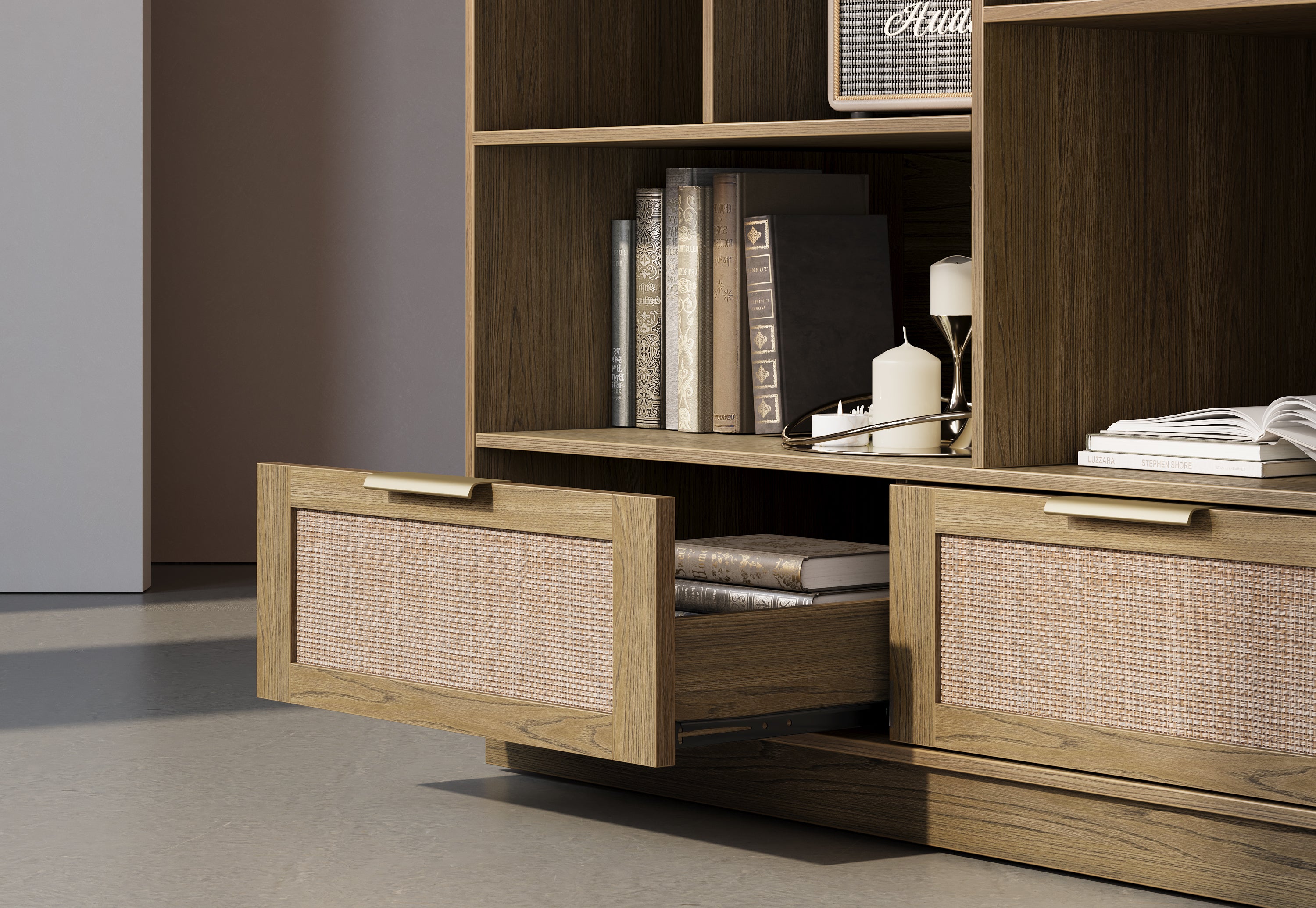 63" Desk + 60" Wide Bookshelf / Rattan - Light Walnut