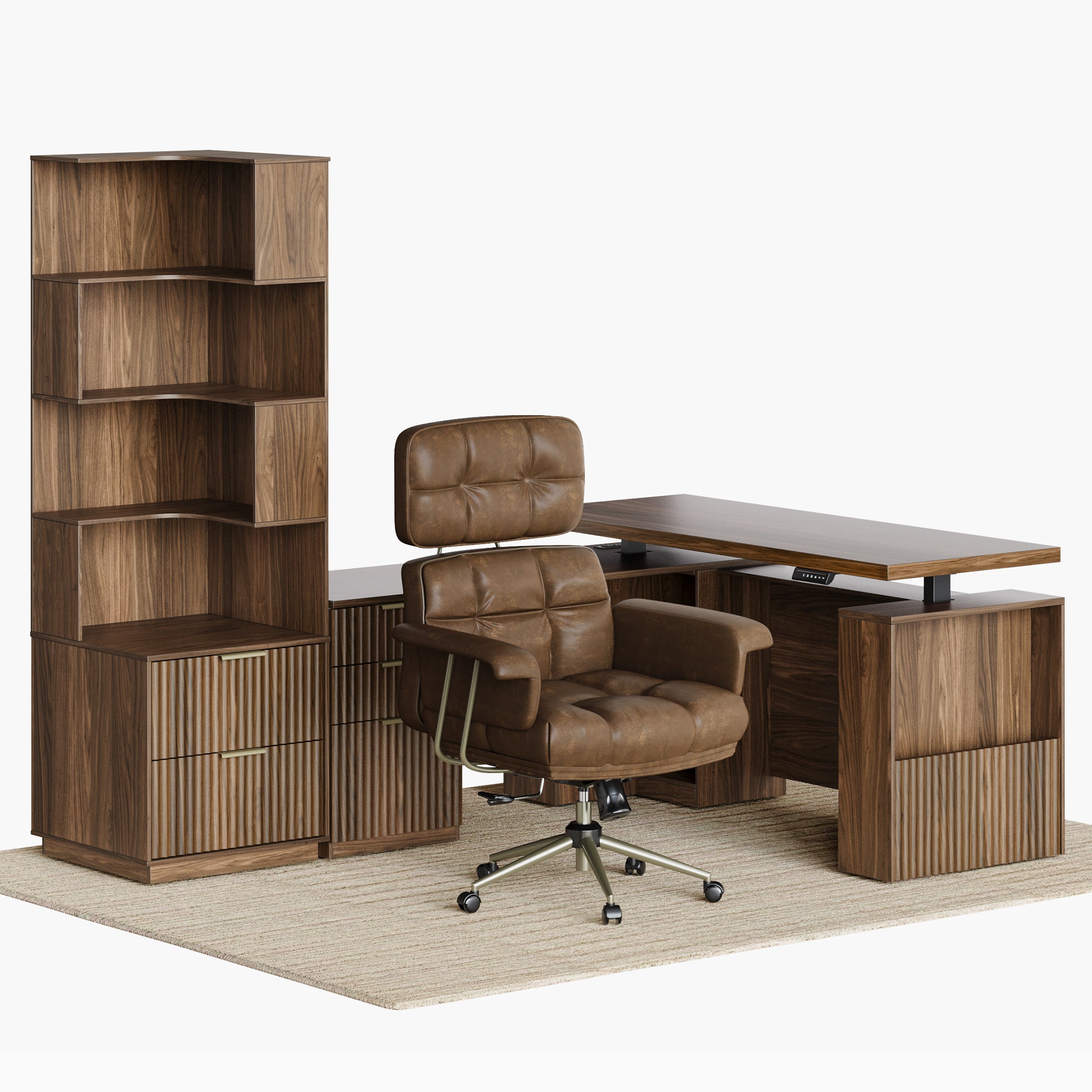 63" Premium Executive Standing Desk + Celestia Deep Cloud Chair + 6-Tier Corner Bookshelf with Drawers, 71" Tall Storage/ Fluted - Dark Walnut