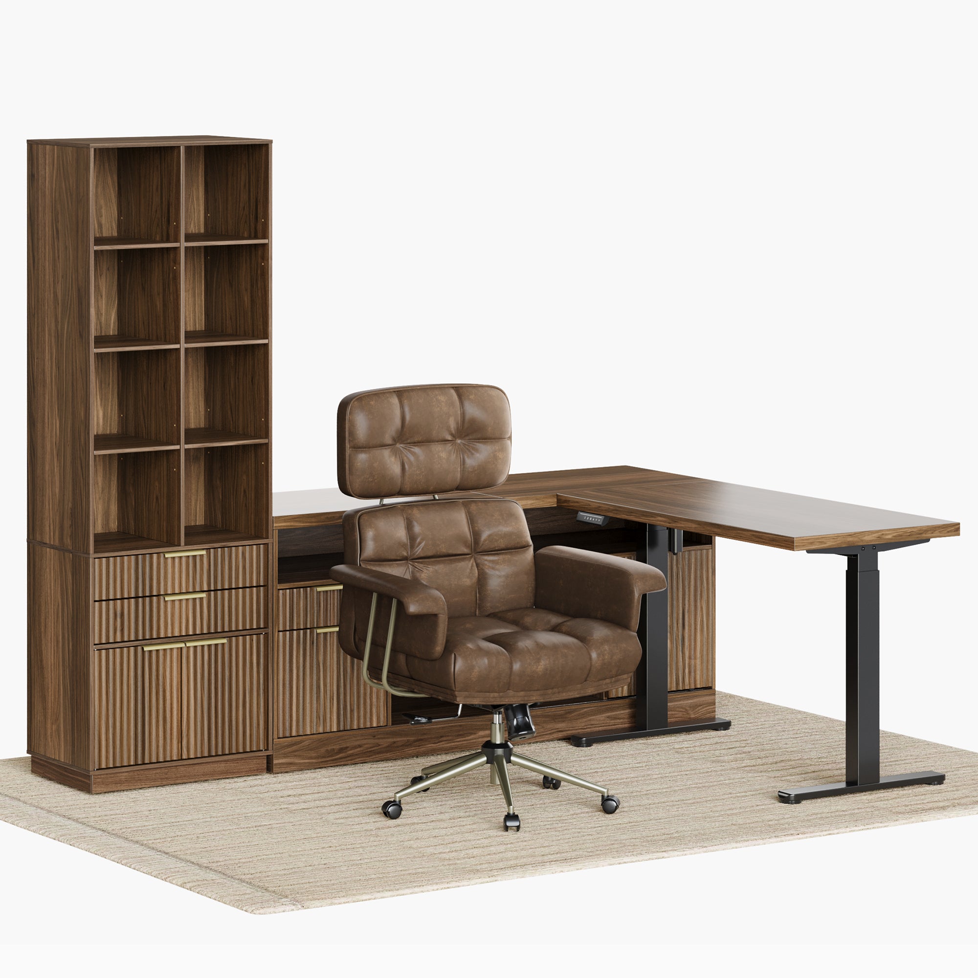 67" Premium Executive Standing Desk + Celestia Deep Cloud Chair + 73"Tall Fluted Bookshelf with Drawers & Doors/ Fluted - Dark Walnut