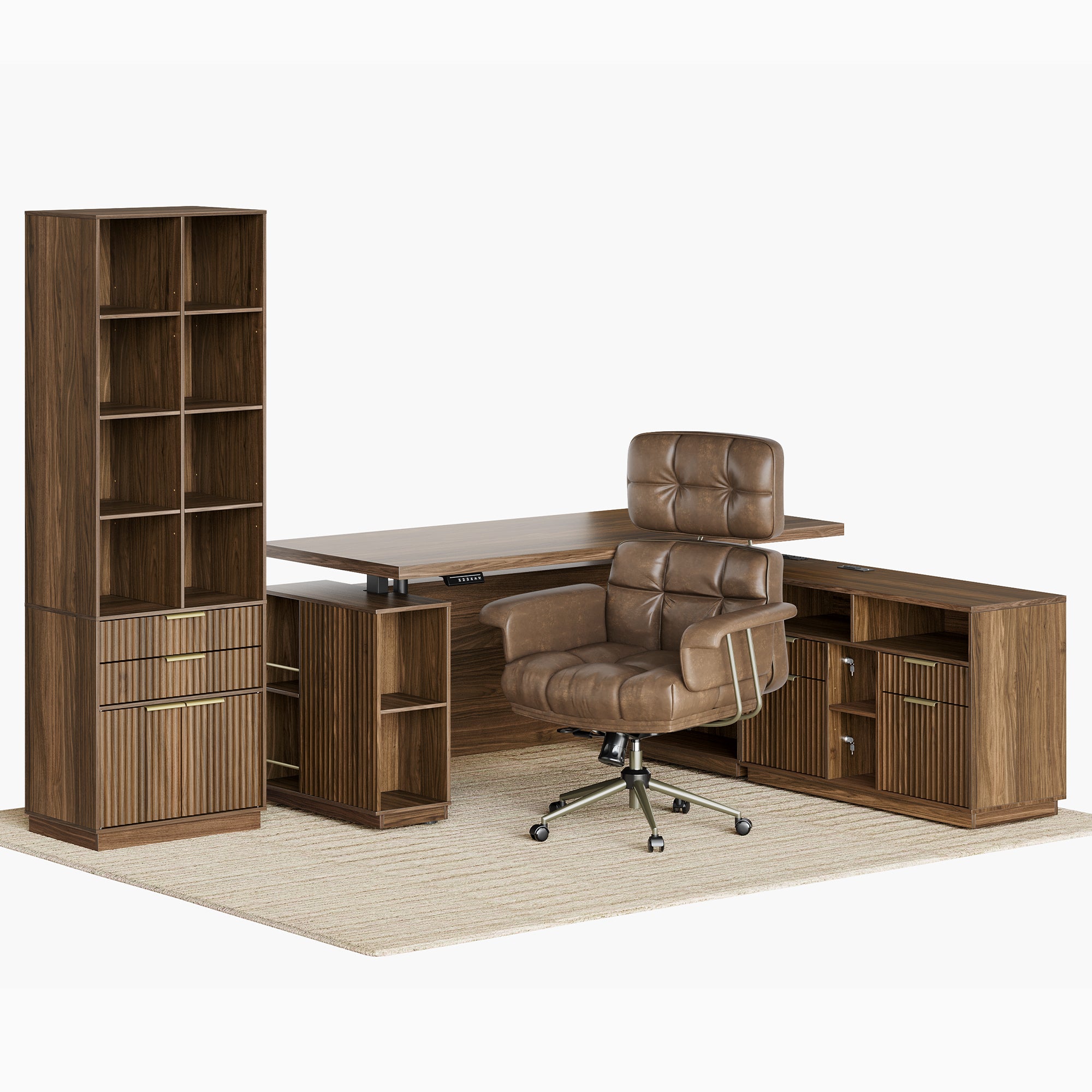 70" Premium Executive Standing Desk + Celestia Deep Cloud Chair + 73"Tall Fluted Bookshelf with Drawers & Doors/ Fluted - Dark Walnut