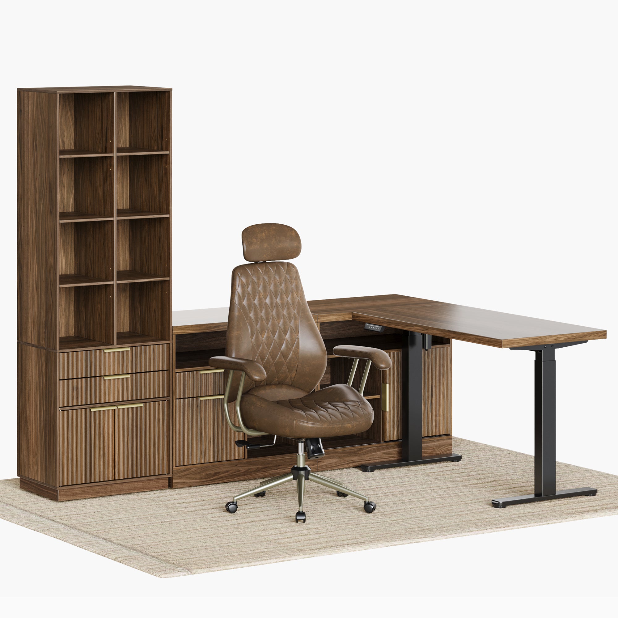 67" Premium Executive Standing Desk +Stella Advanced Ergonomic Chair + 73"Tall Fluted Bookshelf with Drawers & Doors/ Fluted - Dark Walnut