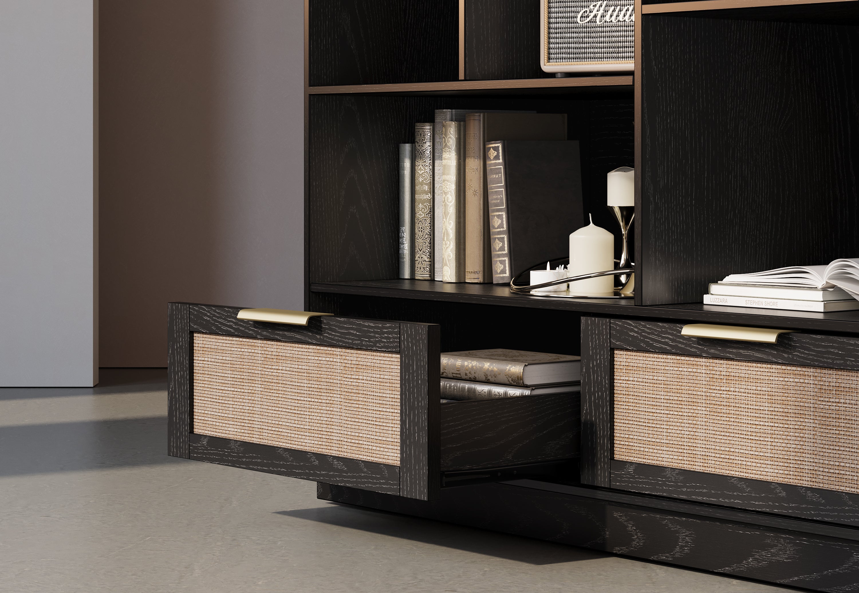 63" Desk + 60" Wide Bookshelf / Rattan - Black