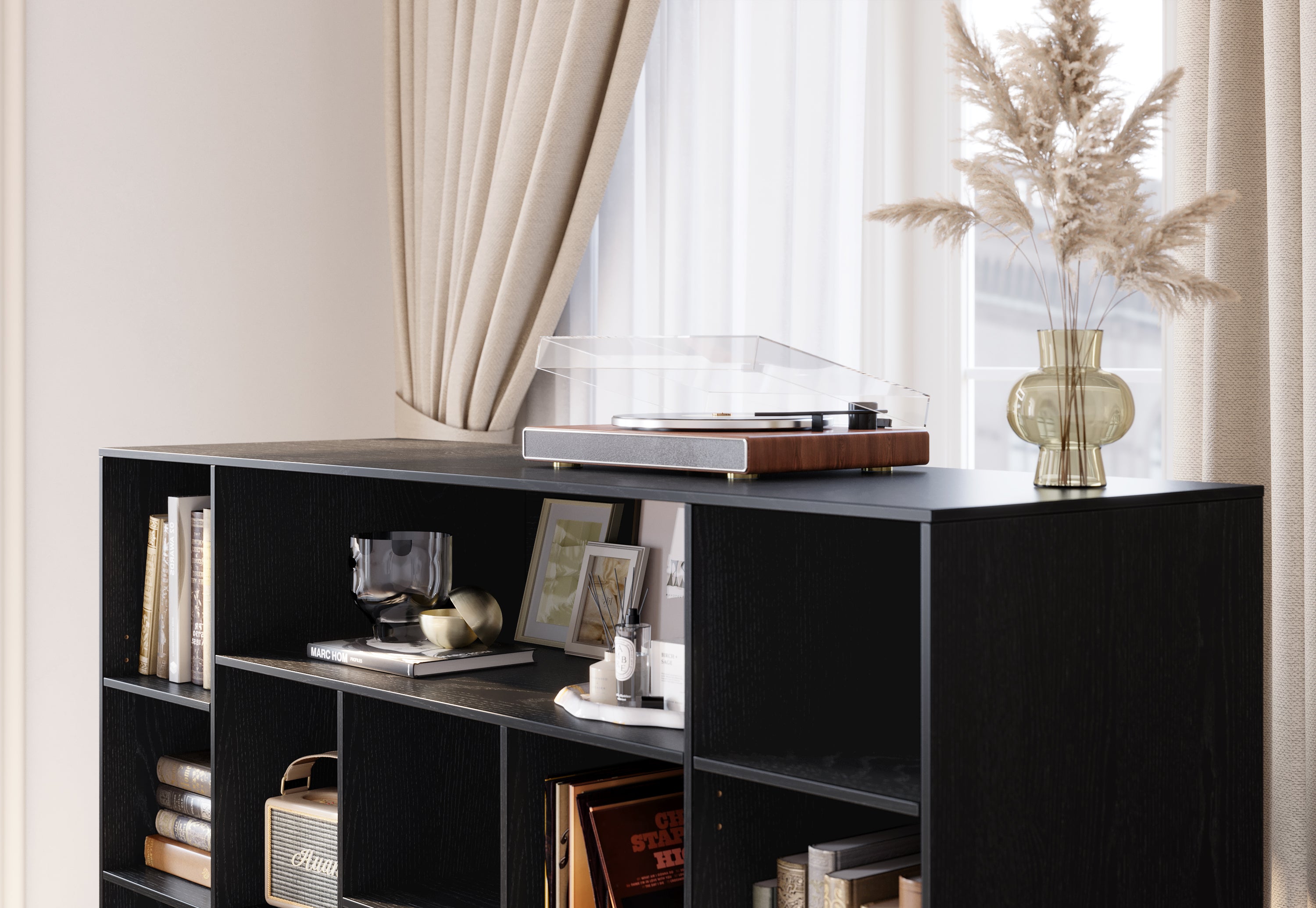 63" Desk + 60" Wide Bookshelf / Rattan - Black
