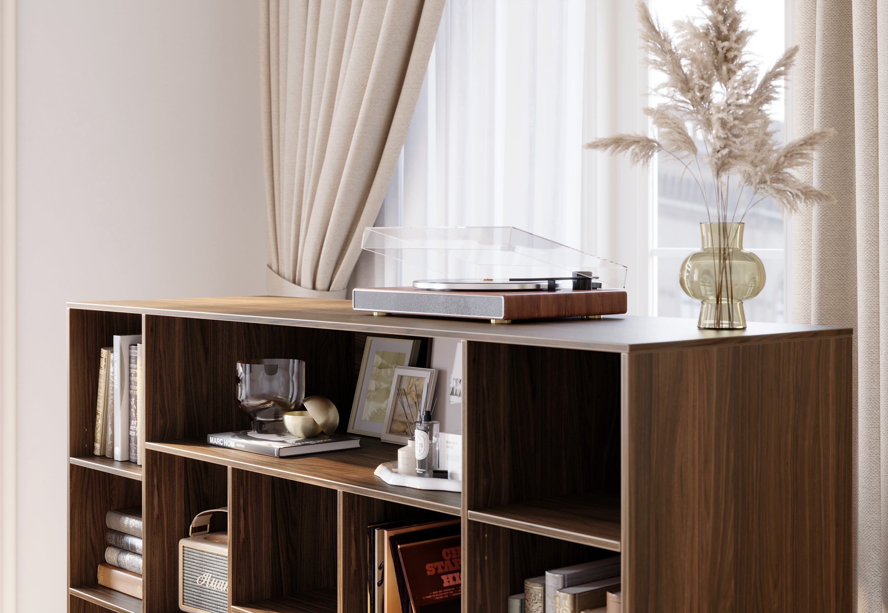 67" Desk + 60" Wide Bookshelf / Fluted - Dark Walnut