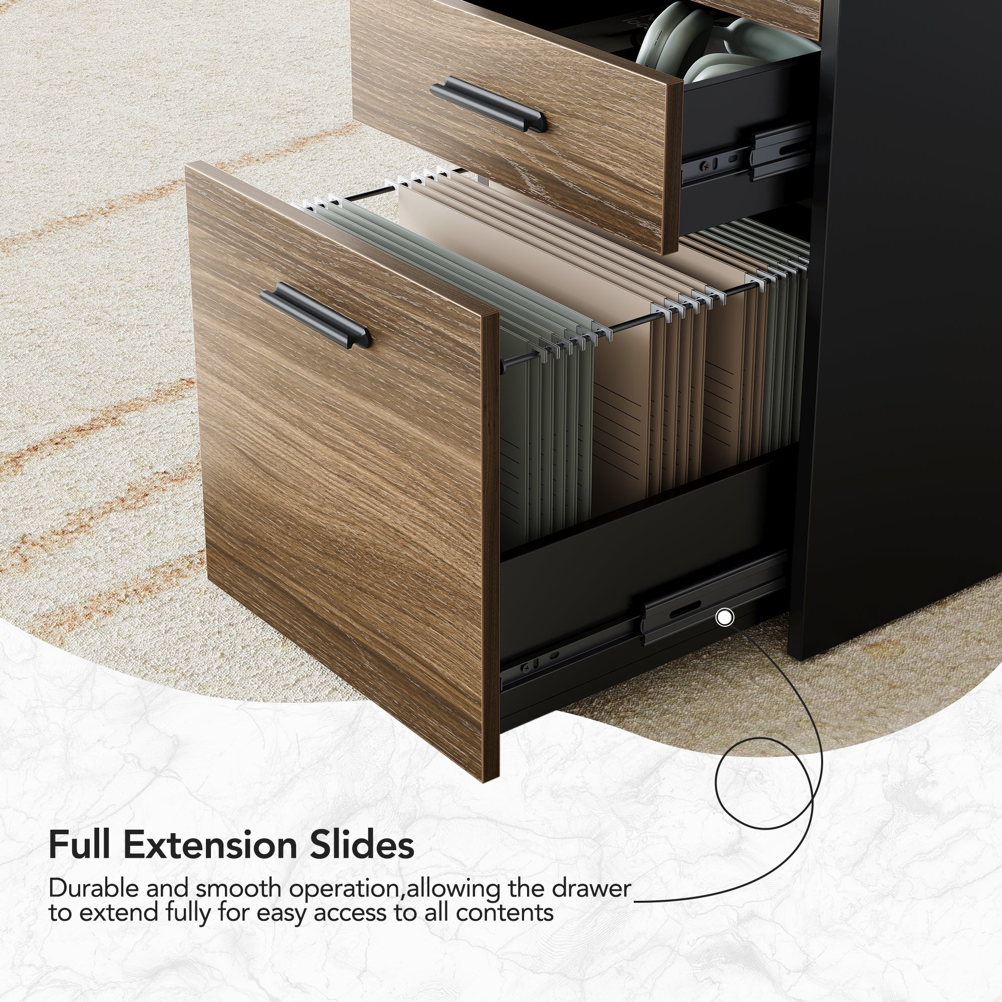 Black & Walnut 3-Drawer Home Office File Cabinet