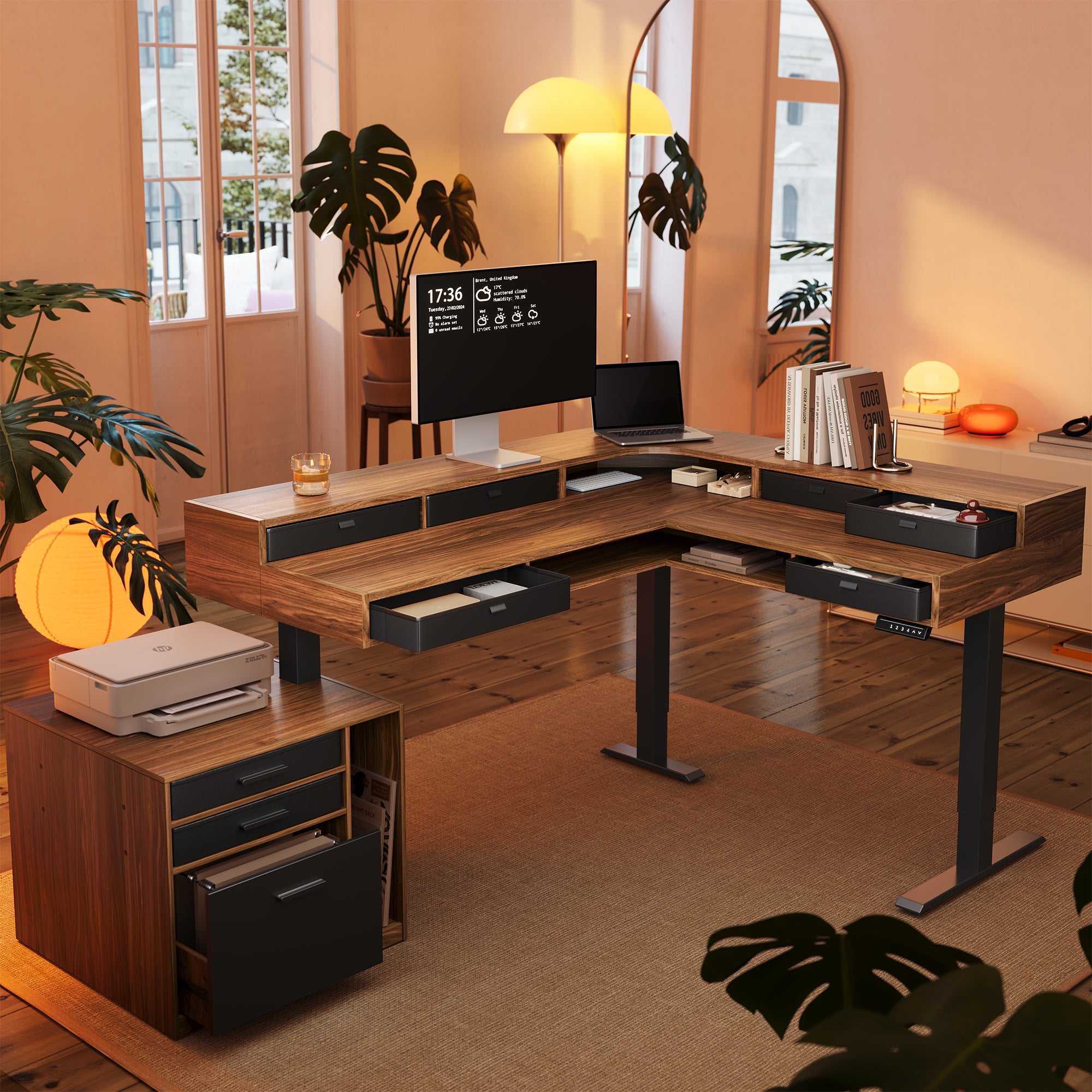 66" Electric L Shaped Standing Desk with 6 Storage Drawers & Cabinet