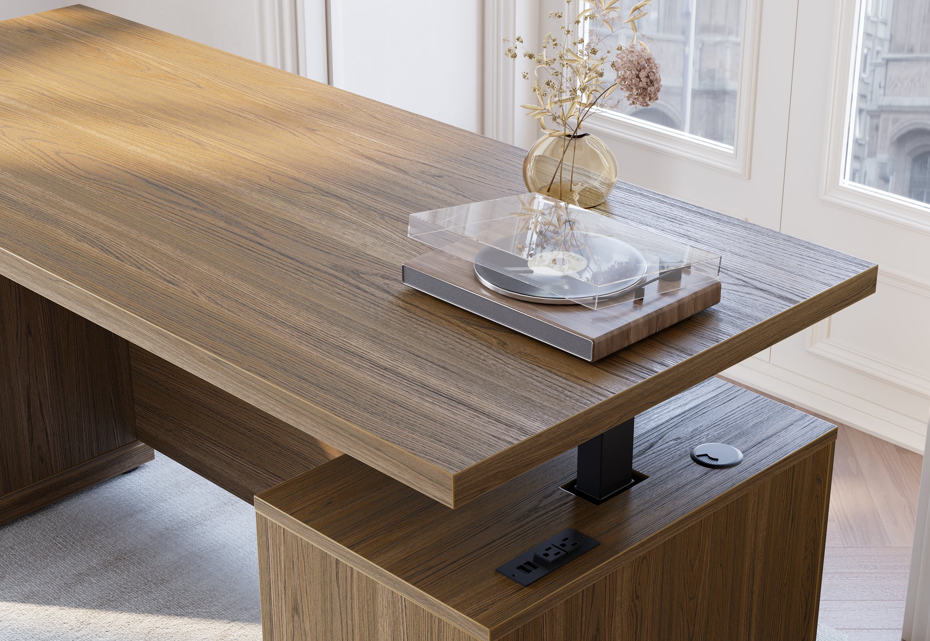 70" Desk + 60" Wide Bookshelf / Rattan - Light Walnut