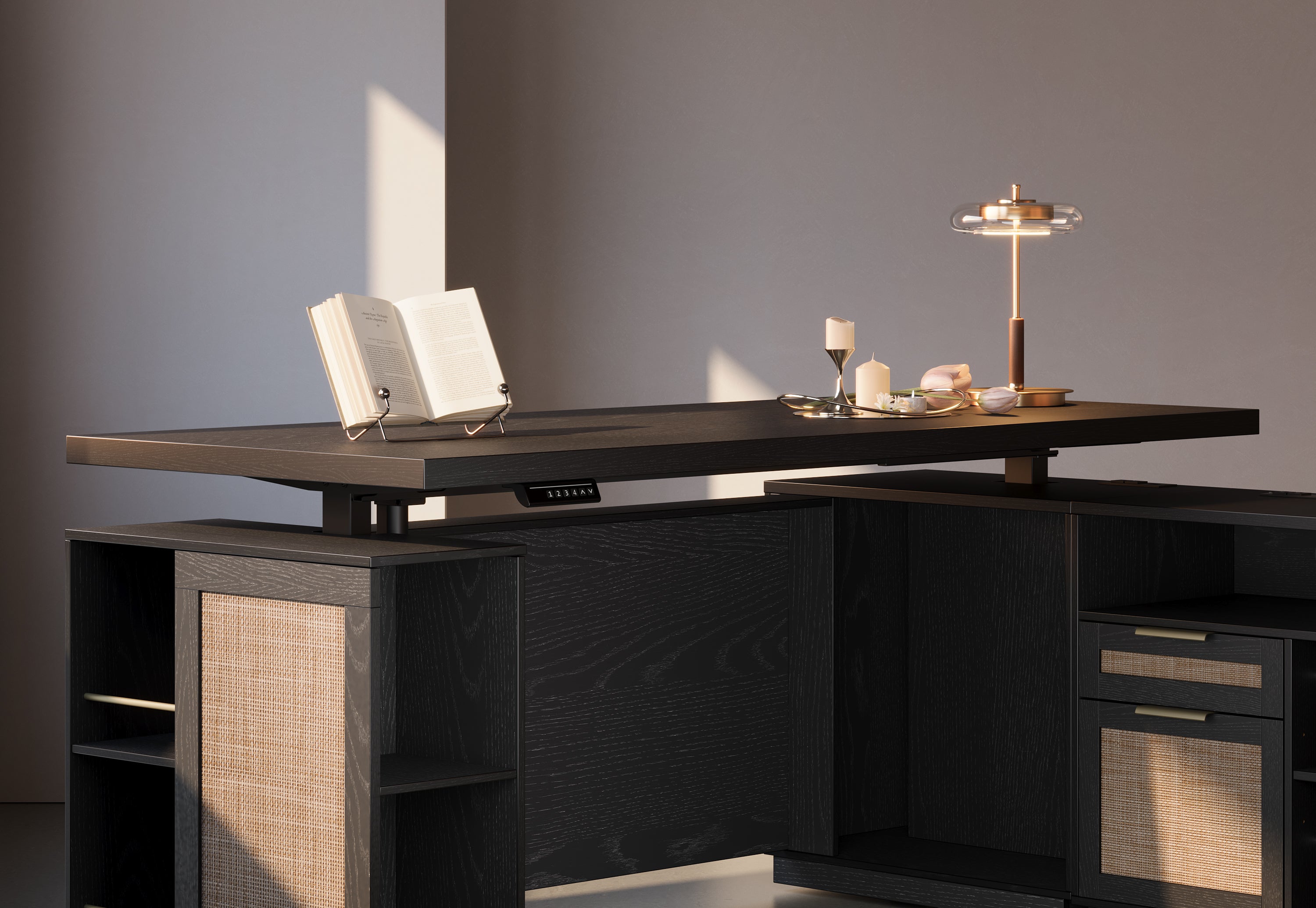 70" Desk + 73" Tall Fluted Bookshelf / Rattan - Black