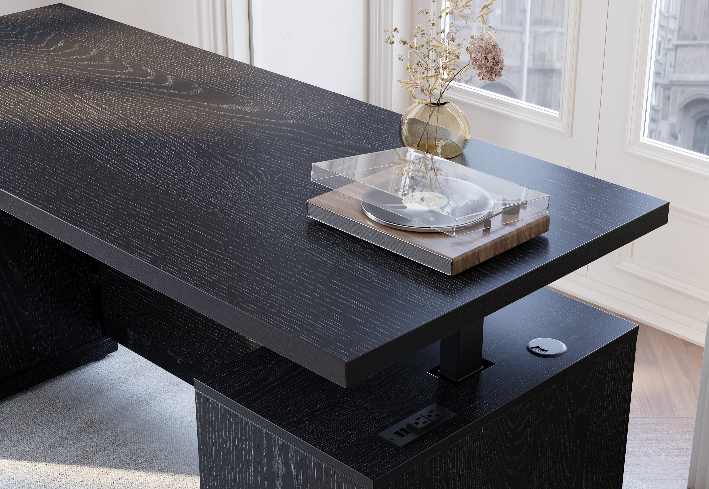 70" Desk + 60" Wide Bookshelf / Rattan - Black