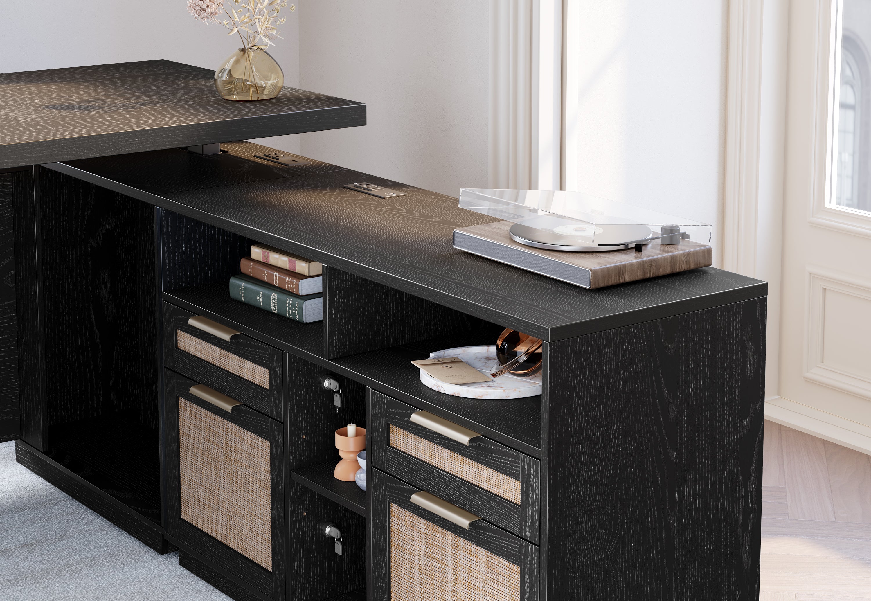 70" Desk + 73" Tall Fluted Bookshelf / Rattan - Black