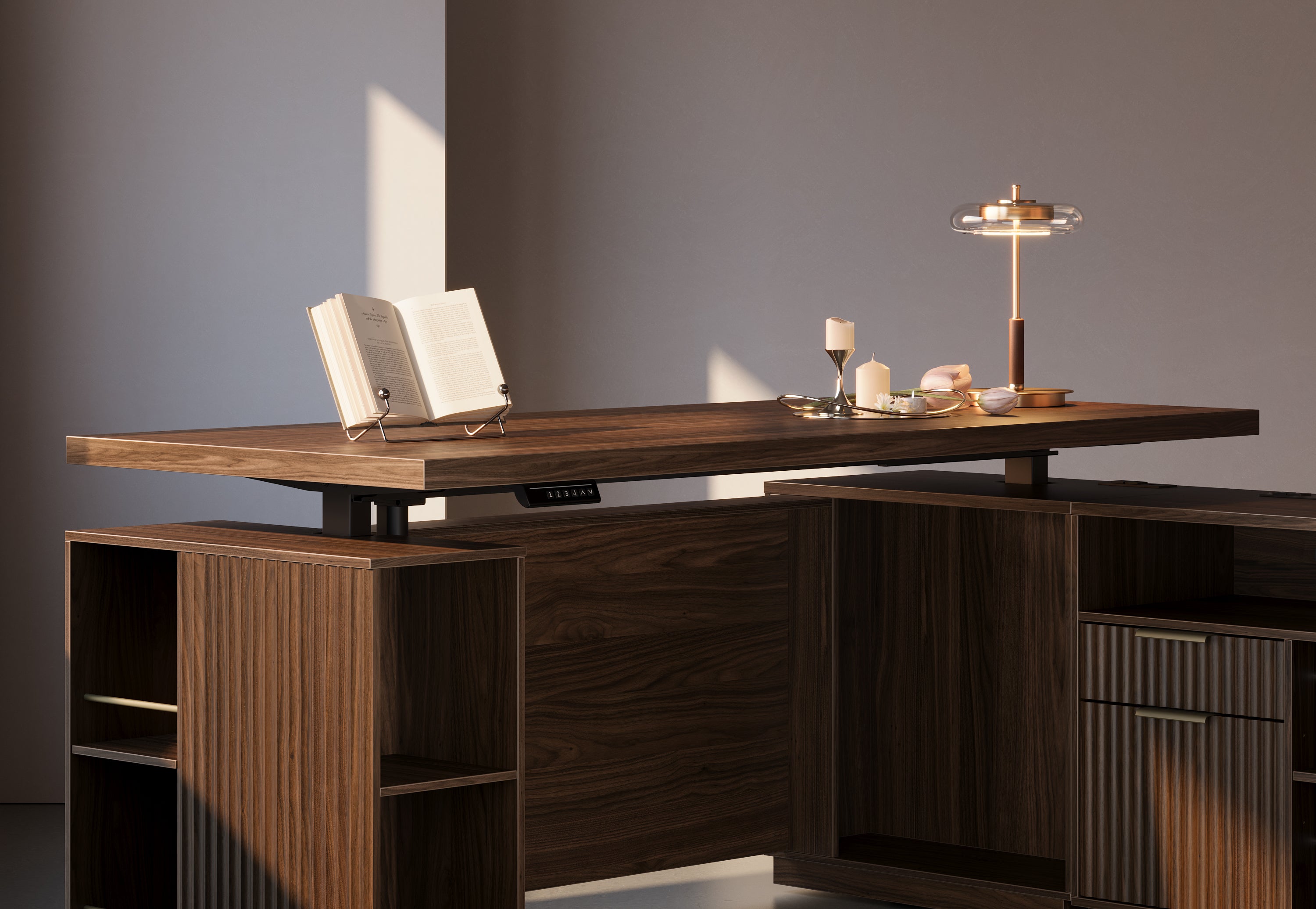 70" Desk + 6 Tier Corner Bookshelf / Fluted - Dark Walnut