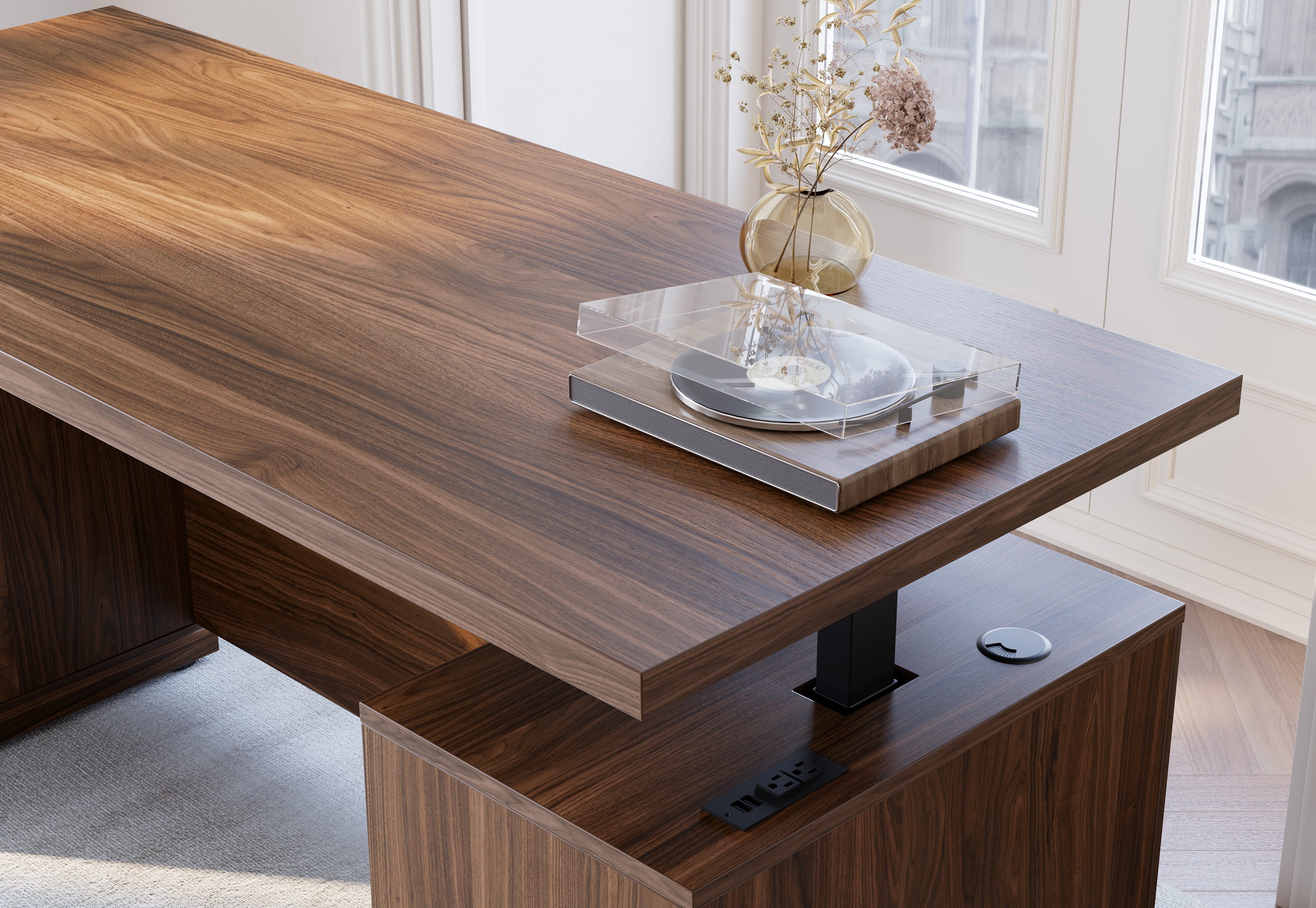 70" Desk + 60" Wide Bookshelf / Fluted - Dark Walnut